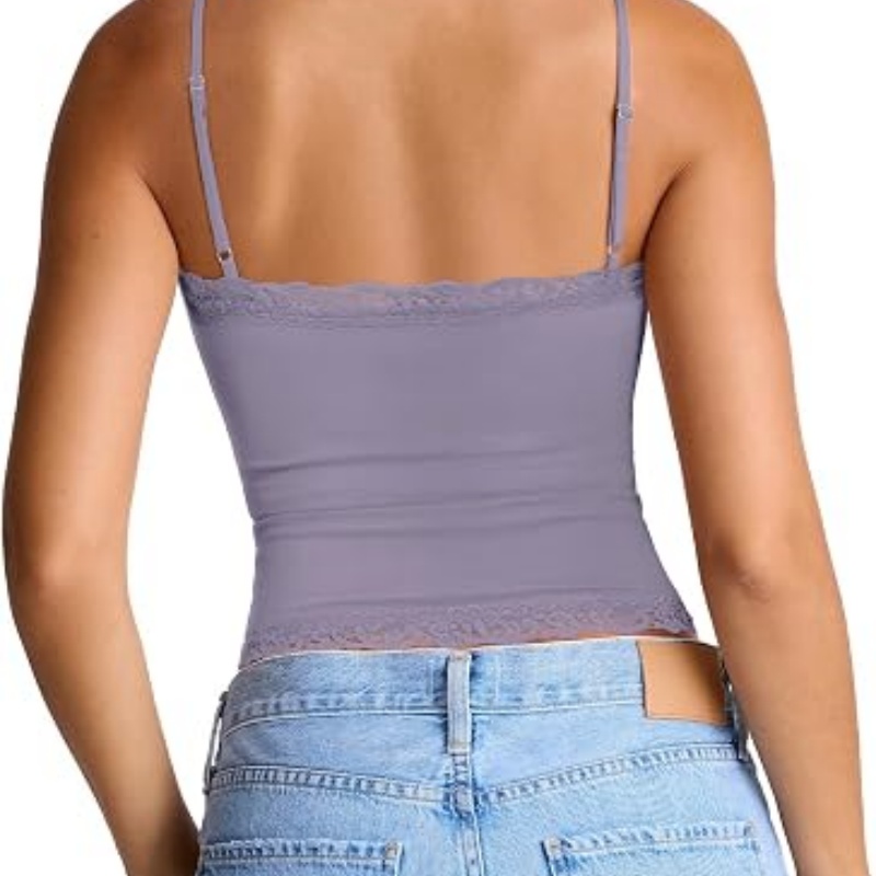 Women's Sexy Square Neck Lace Cami Tank Tops Fitted Double Lined Sleeveless Crop Spaghetti Strap Summer Y2k Tops