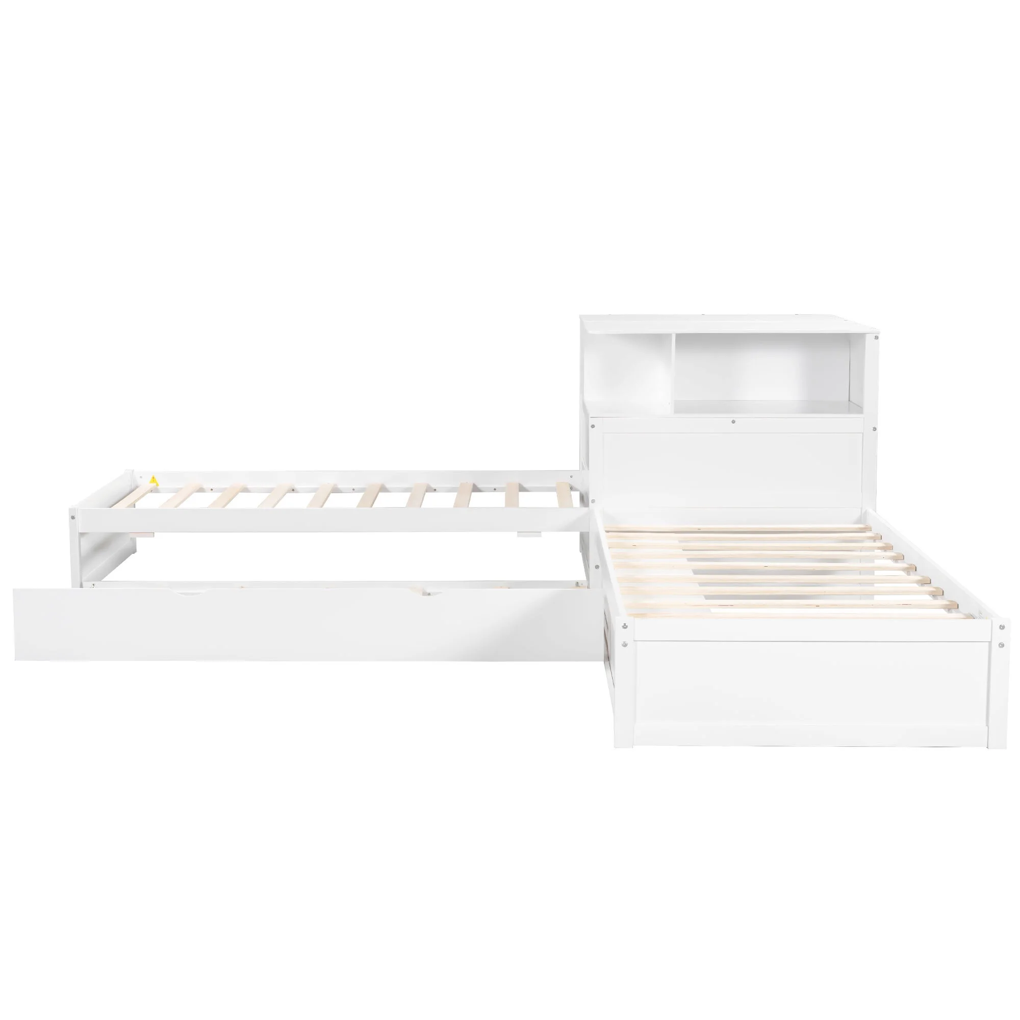 Euroco Pine Wood L-Shaped Twin Platform Bed with Storage Desk, Cabinets, Trundle and LED Light for Kids Teens, Gray