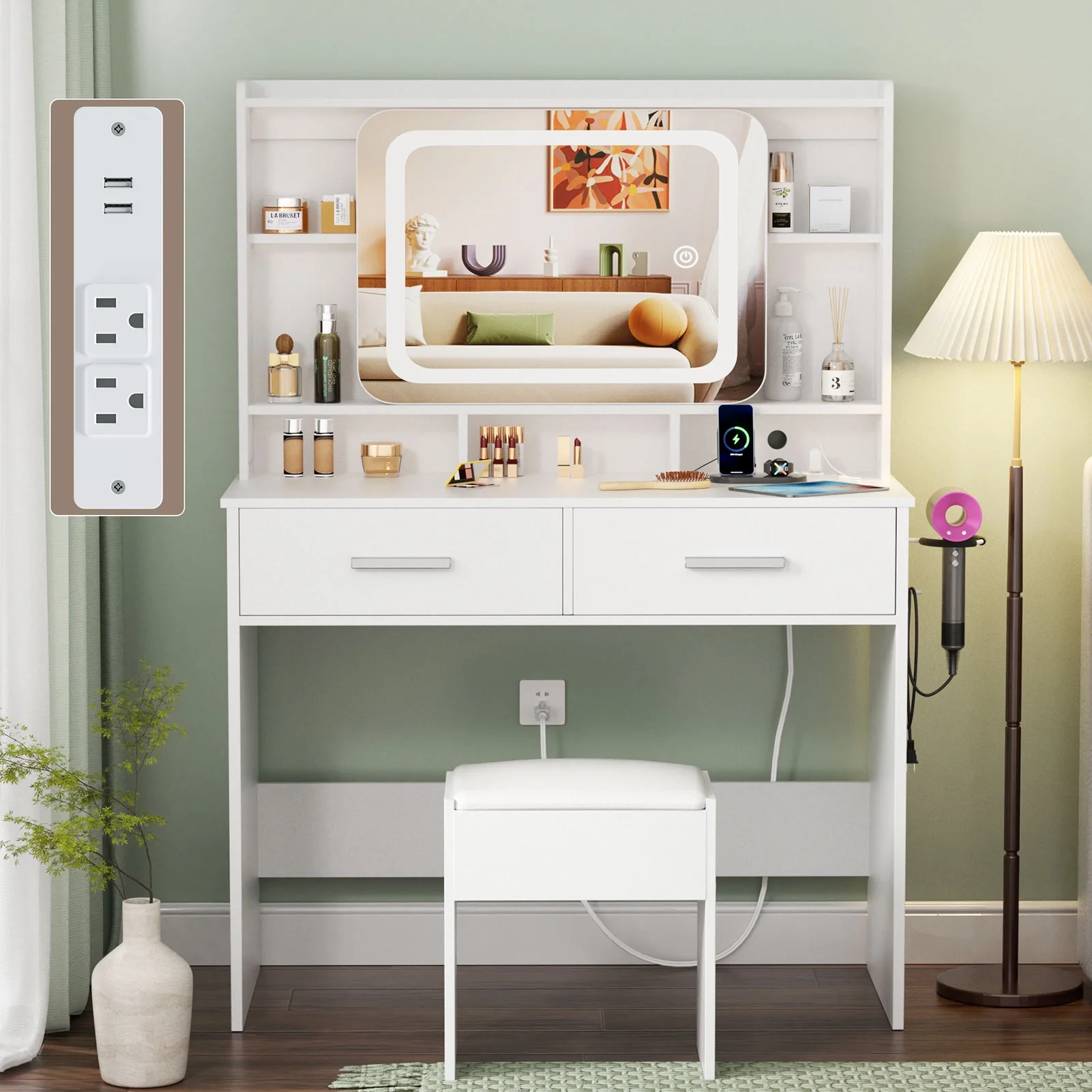 Satifur White Vanity Desk Set with Mirror and Lights, Makeup Table with Charging Station, Comfortable Bench, Big Vanity with 3 Storage Compartments, 39.4in