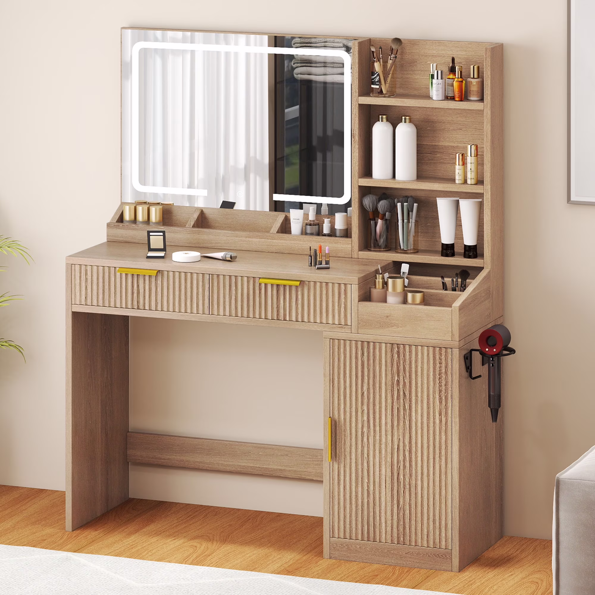 Craftian White Makeup Vanity Desk with Large Mirror and Lights, Dressing Table with 2 Storage Drawers & Power Outlets