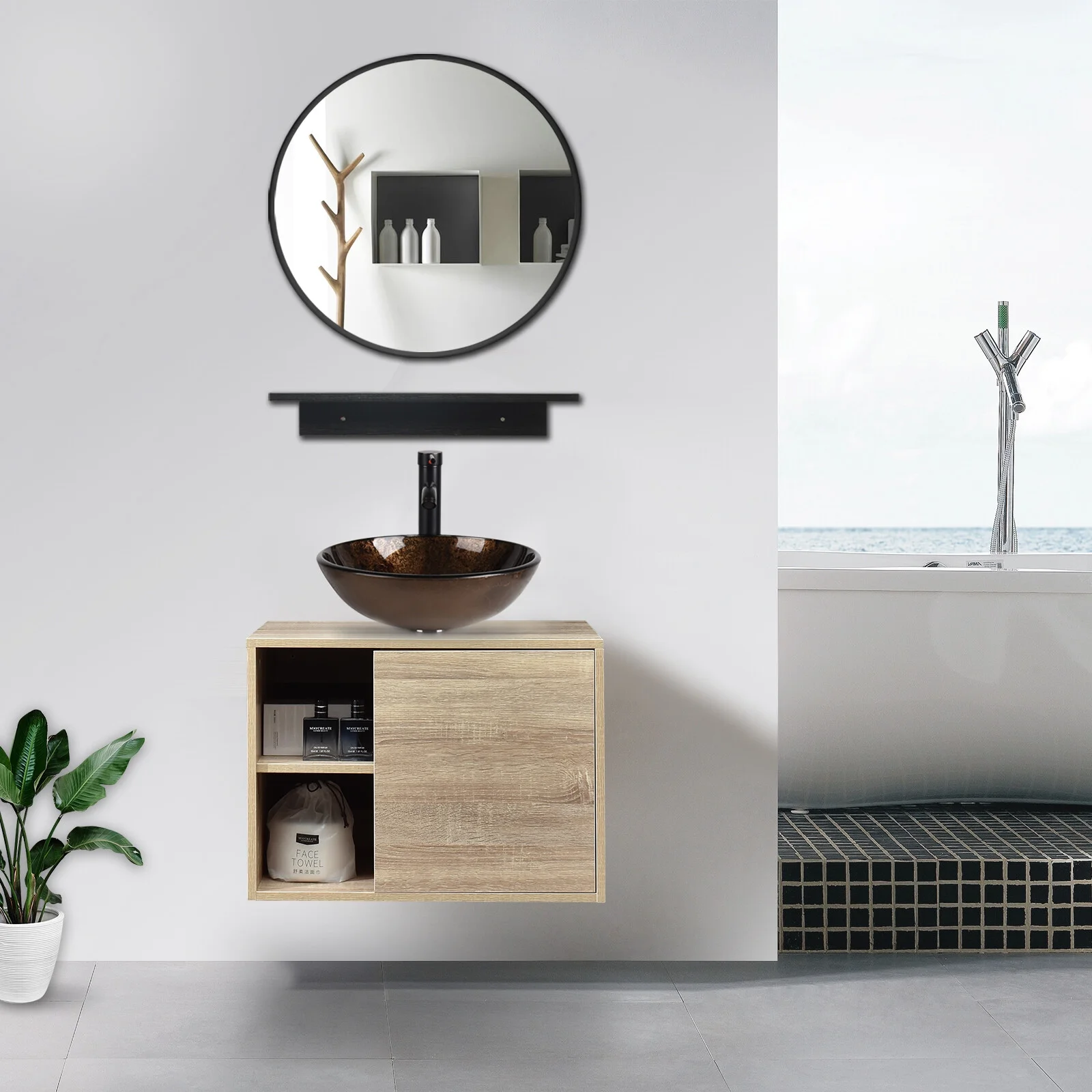 PULUOMIS Wall Mounted Bathroom Vanity Set with Mirror Storage Shelf, PVC Sheet Natural Cabinet with Black Side Panels (Cabinet + Sink)