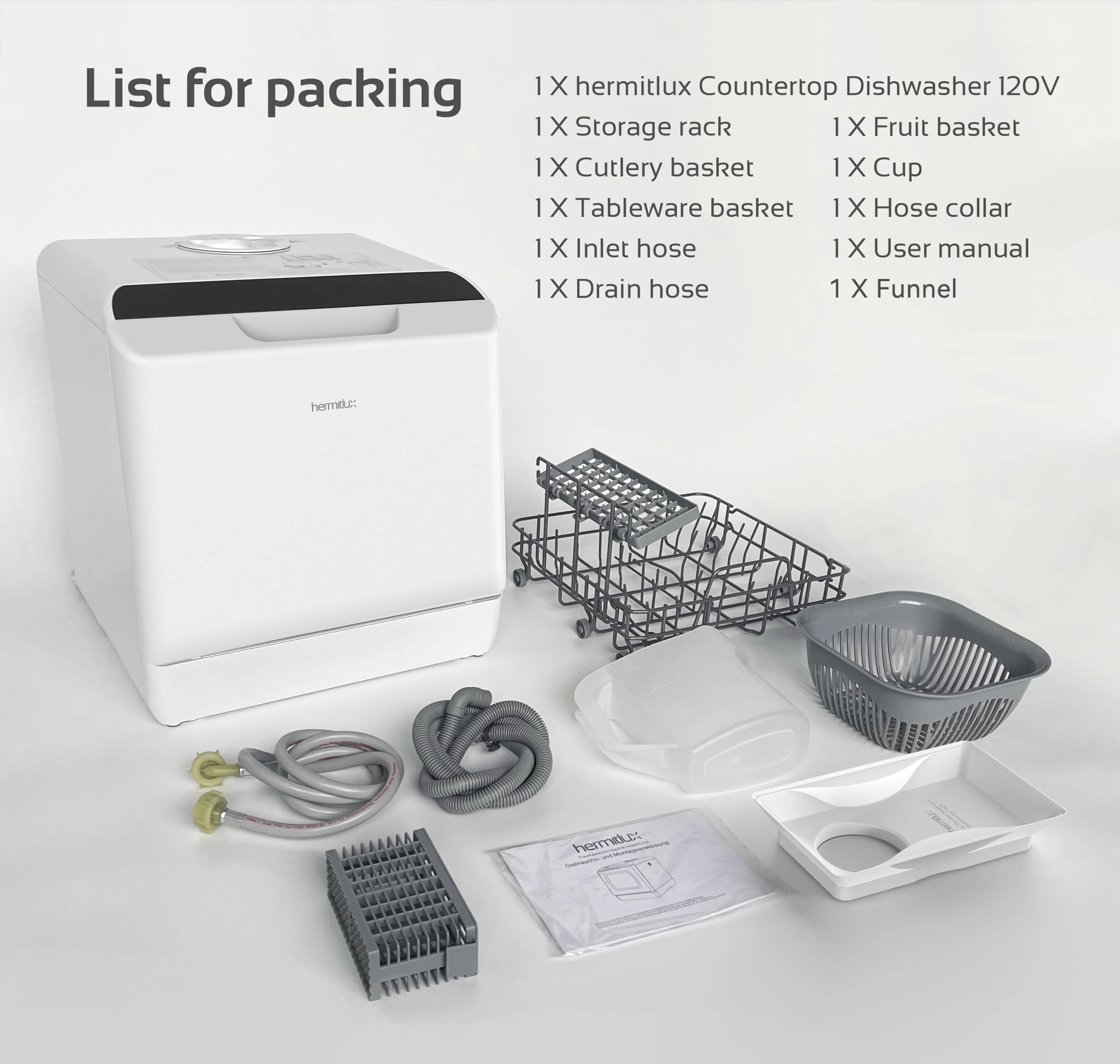 Hermitlux Portable Countertop Dishwasher, 5 Washing Programs, 5L Built-in Water Tank and Air-Dry Function, HMX-DW03