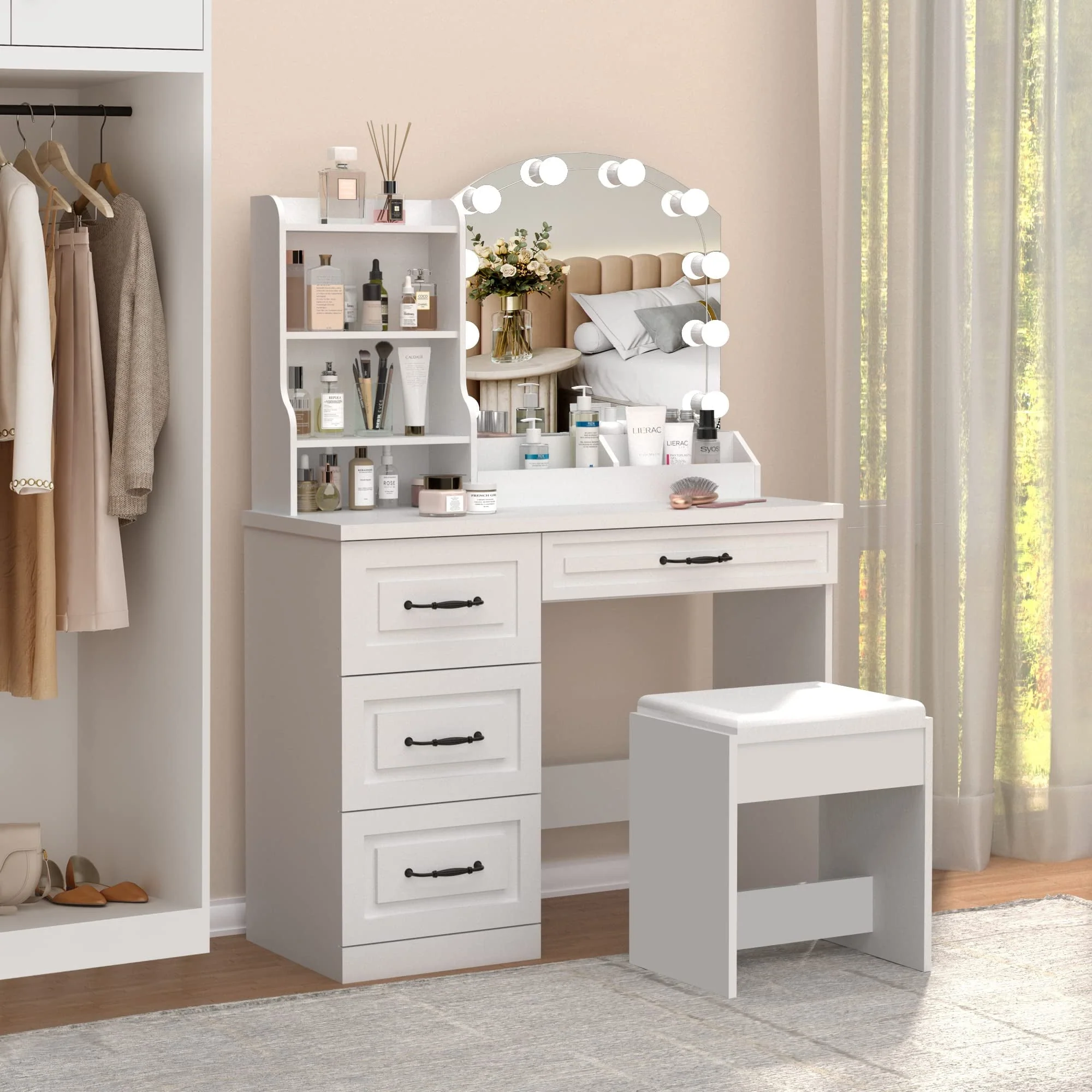 Veanerwood Makeup Vanity Desk with Lights and 4 Drawers, Modern Vanity Table Set, 3 Lighting Colors, 39.4in, White Finish