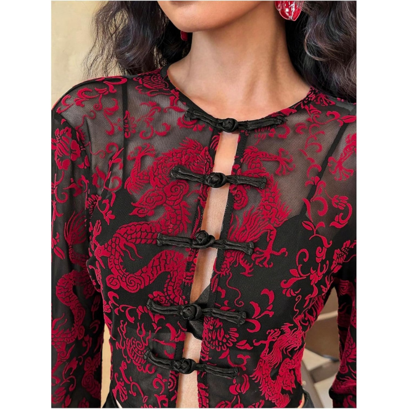 Women's Mesh Sheer Cheongsam Top Dragon Print