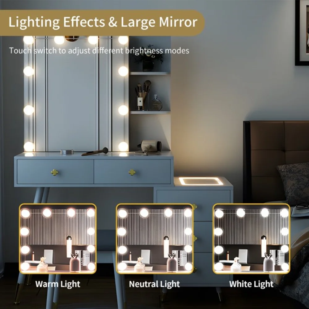 Tcbosik Makeup Vanity with LED Mirror & Charging Station, Vanity Desk with Ample Storage Space, Dressing Table with Shelves and 5 Drawers for Bedroom, White