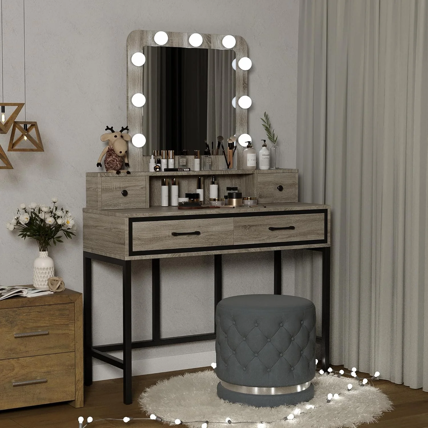 Heynemo Makeup Vanity with 3 Color Dimmable Lighted Hollywood Mirror, Vanity Table with 4 Drawers for Women Girls, Dressing Desk for Bedroom, Beauty Room, Brown