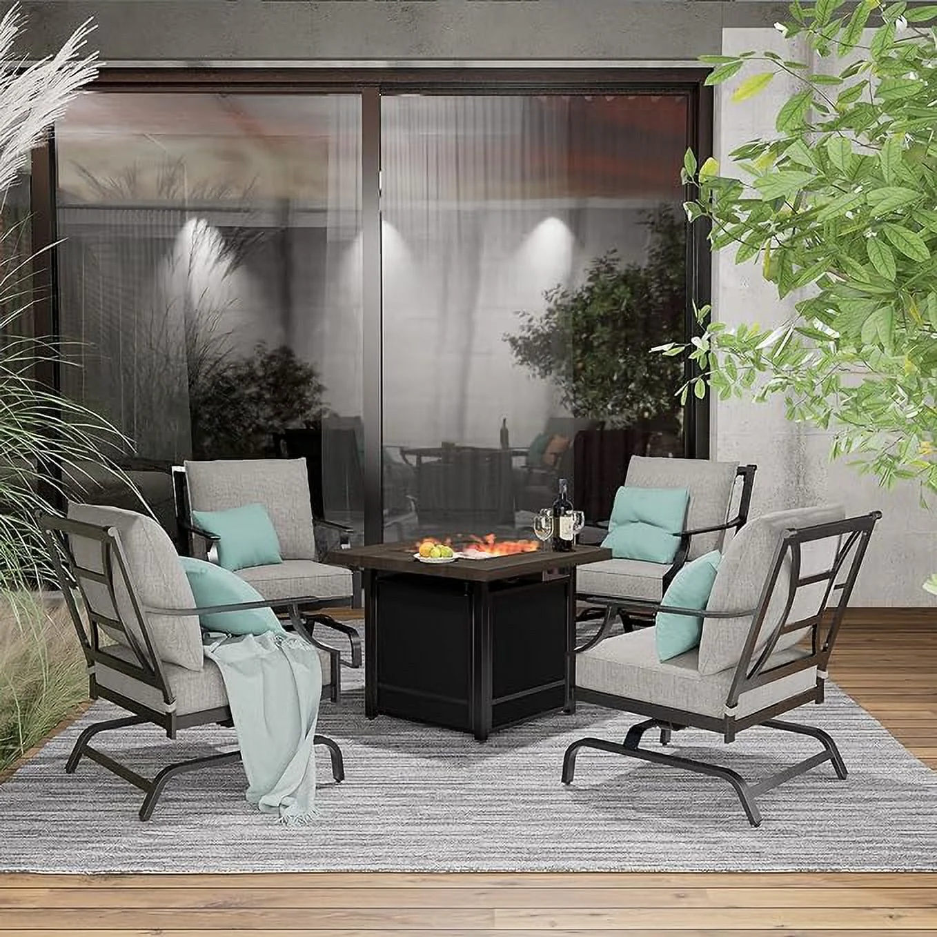 Grand Patio 5-Piece Patio Furniture Conversation Sets with Propane Fire Pit Table Cushioned Rocking Chairs Set of 4, Steel Frame, Gray