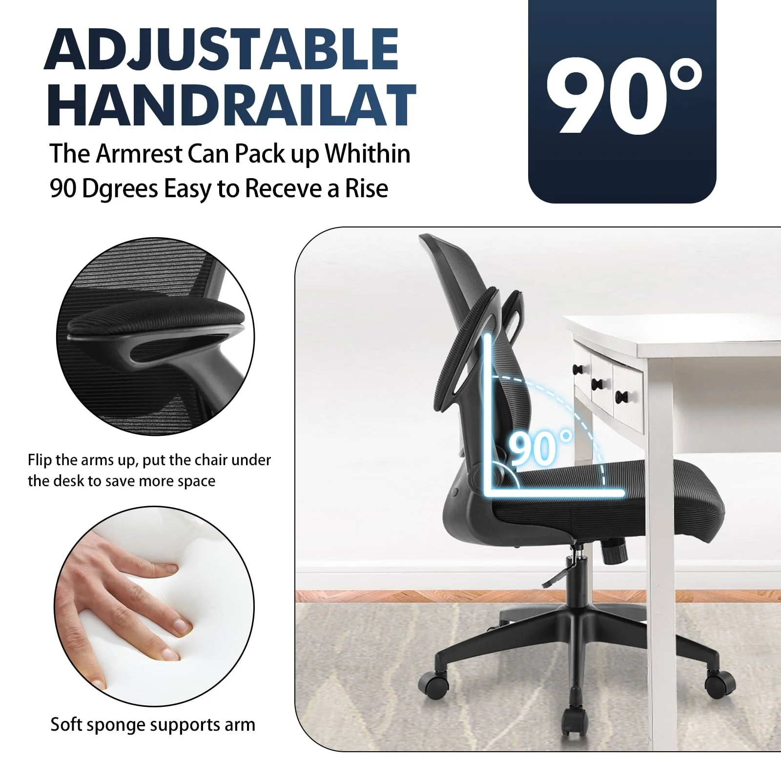 Coolhut Ergonomic Office Chair, Comfort Desk Chair with Adjustable Lumbar Support and Flip up Arms, 300lb, Black