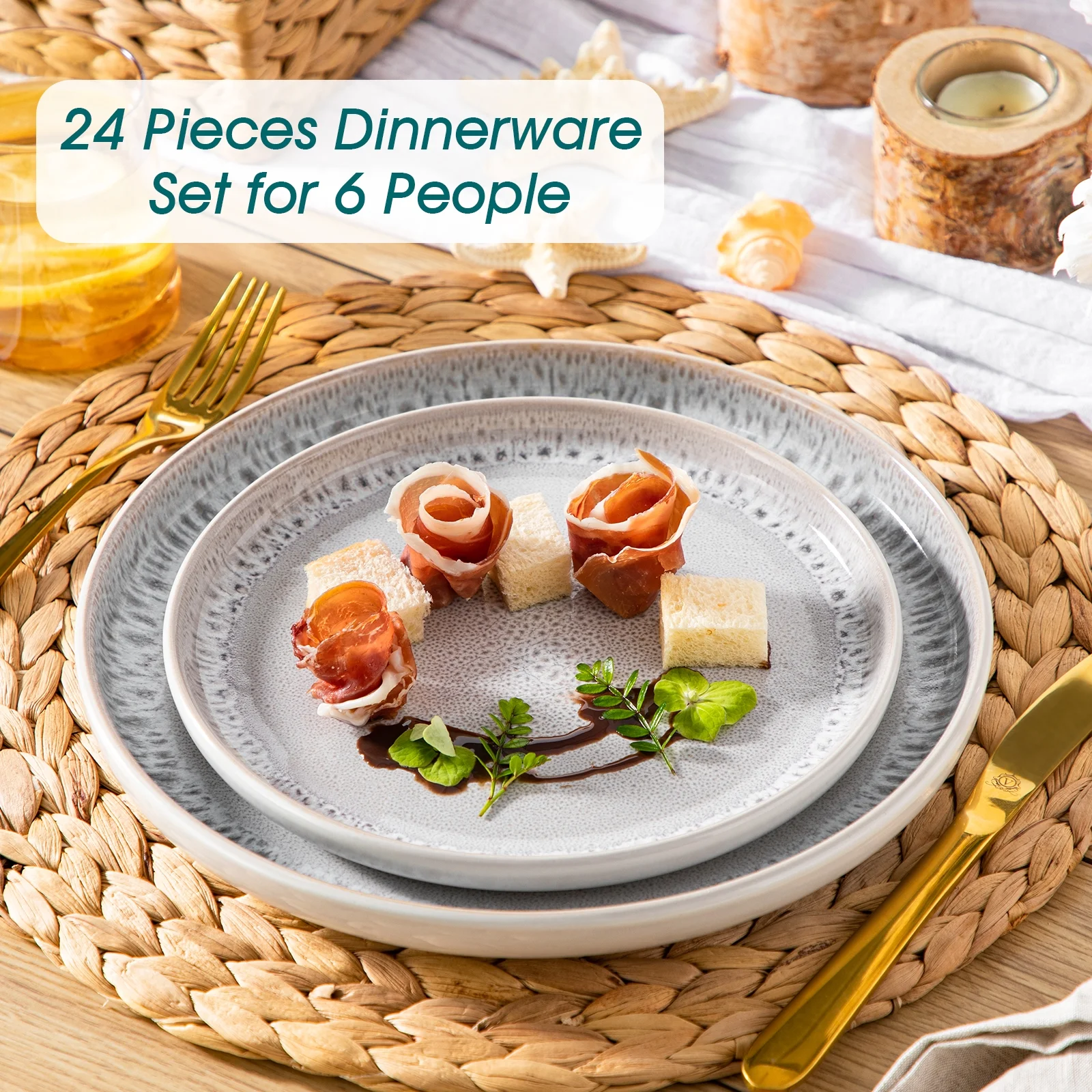 Malacasa 16 Pcs Dinnerware Sets For 4 people, Plates and Bowls Set, Stoneware Tableware Dishwasher Microwave Safe, Beige