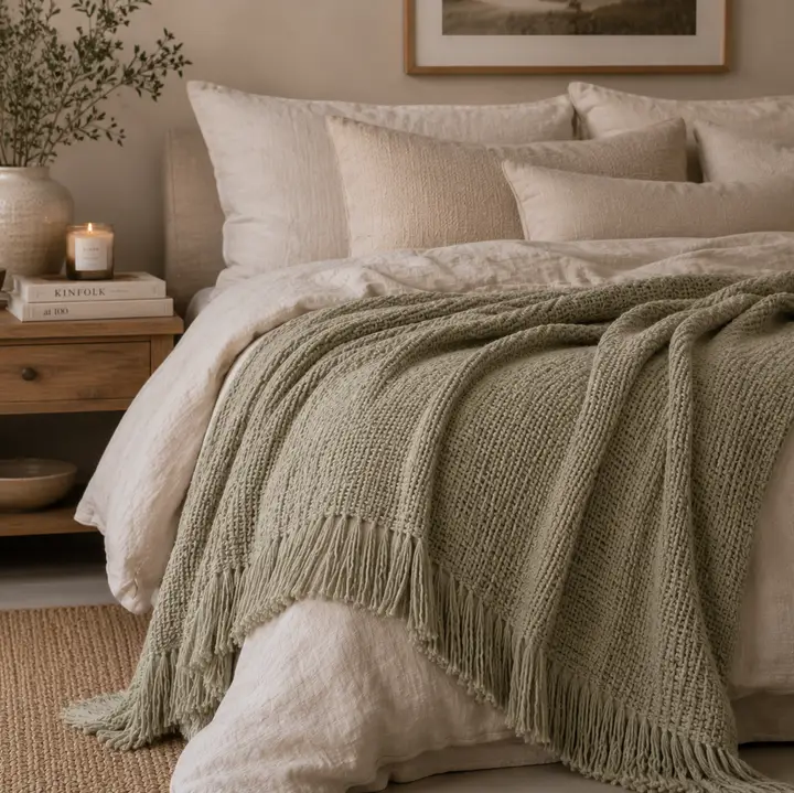 ELARA Handmade Soft Sage Textured Throw
