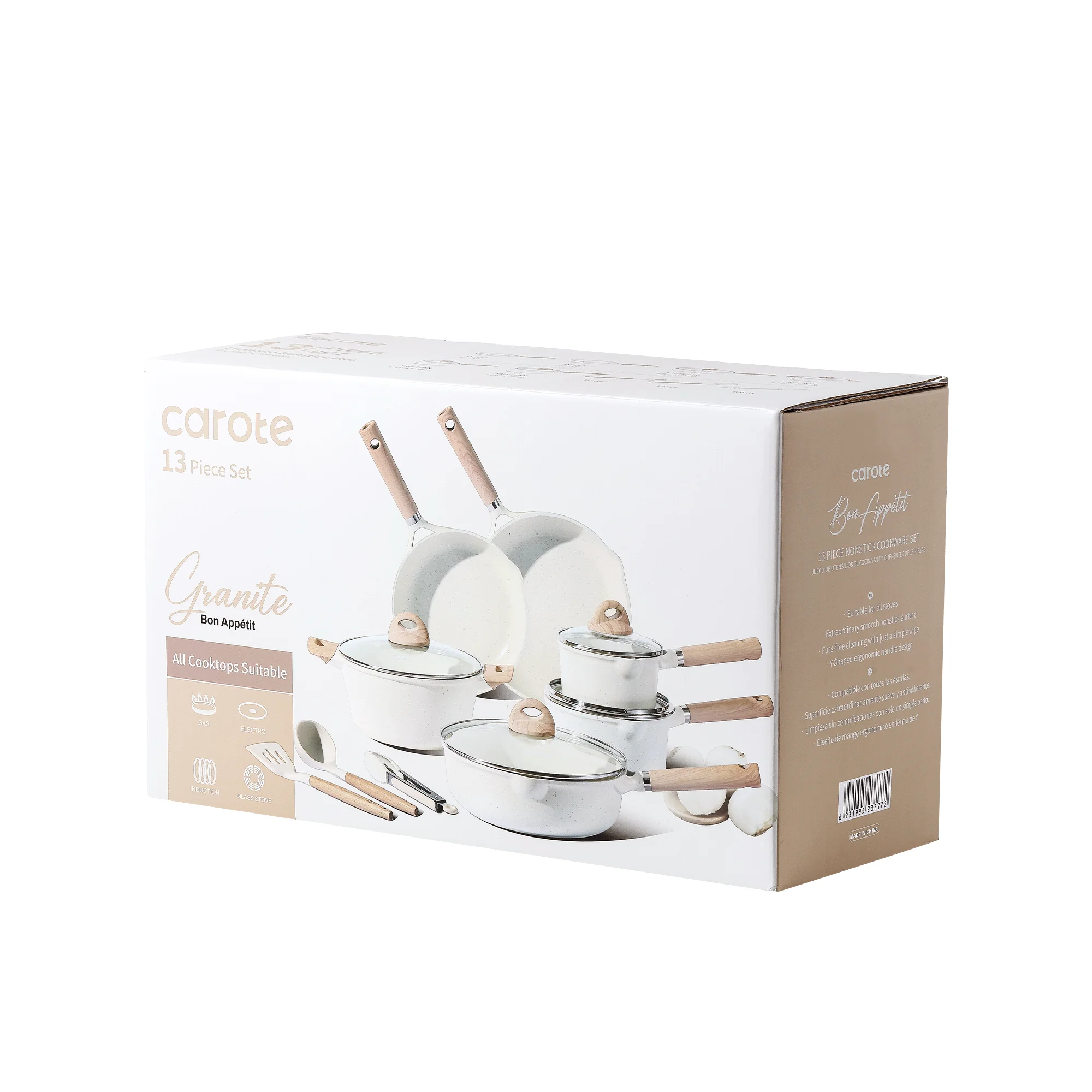 Carote Nonstick Pots and Pans Set, 13 Pieces Kitchen Cookware Sets Compatible for All Stoves, White Granite