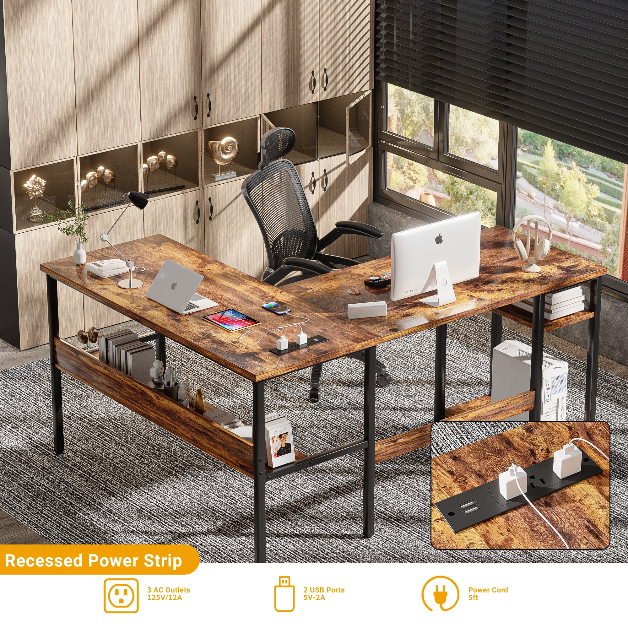 Homieasy Reversible L Shaped Desk with Magic Power Outlets and USB Charging Ports, Sturdy Corner Computer Desk with Storage Shelves, Gaming Table Home Office Desk, Easy to Assemble, Black Oak