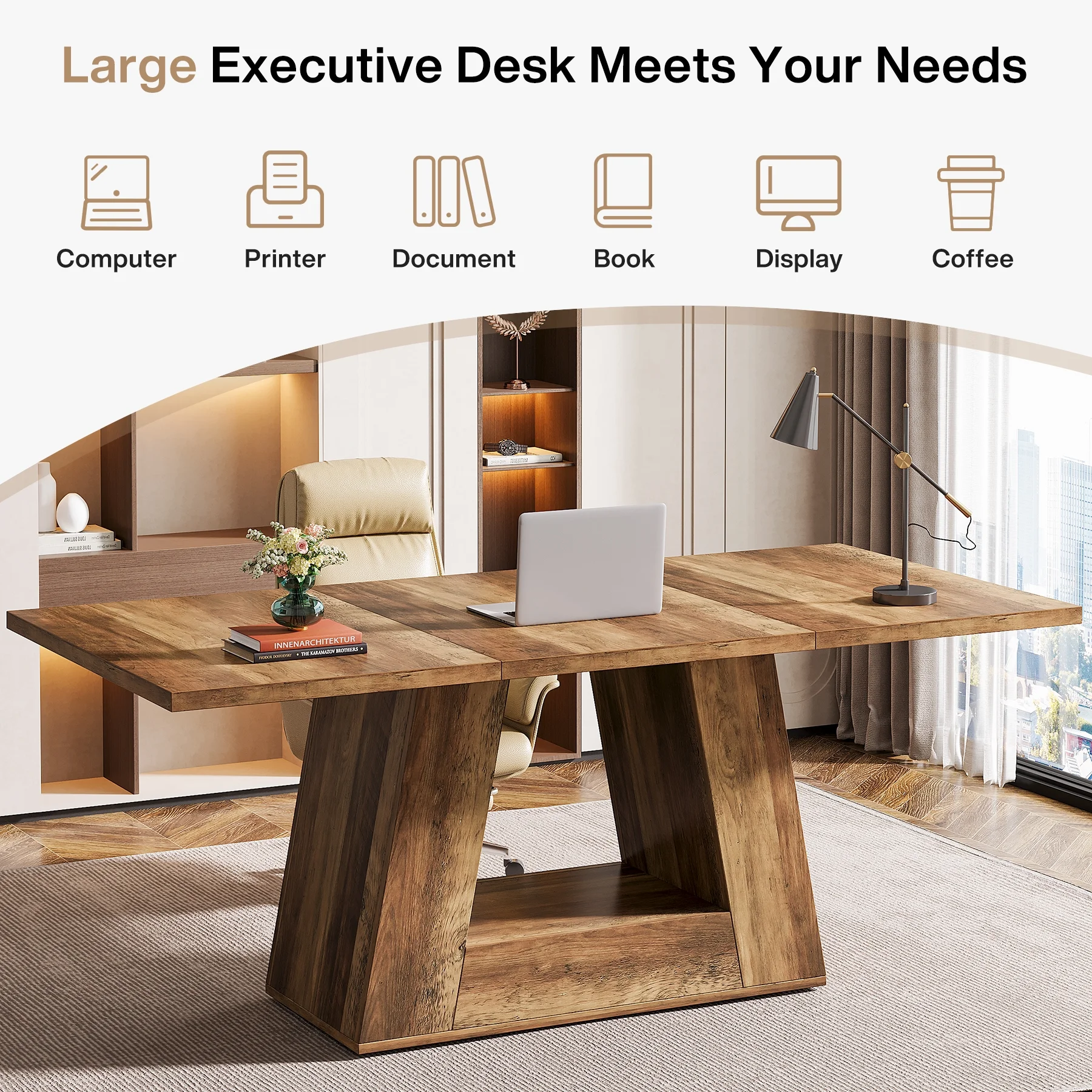 Tribesigns Modern Computer Desk, 63 inch Wooden Faux Marble Study Writing Table with Sturdy Base for Home Office, Black