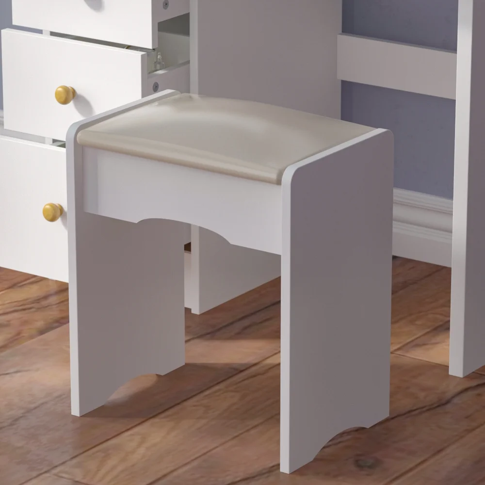 MONSLIPA Makeup Vanity Desk Set w/ Light, Sturdy Dressing Vanity Table with Bench, Shelves & Drawers