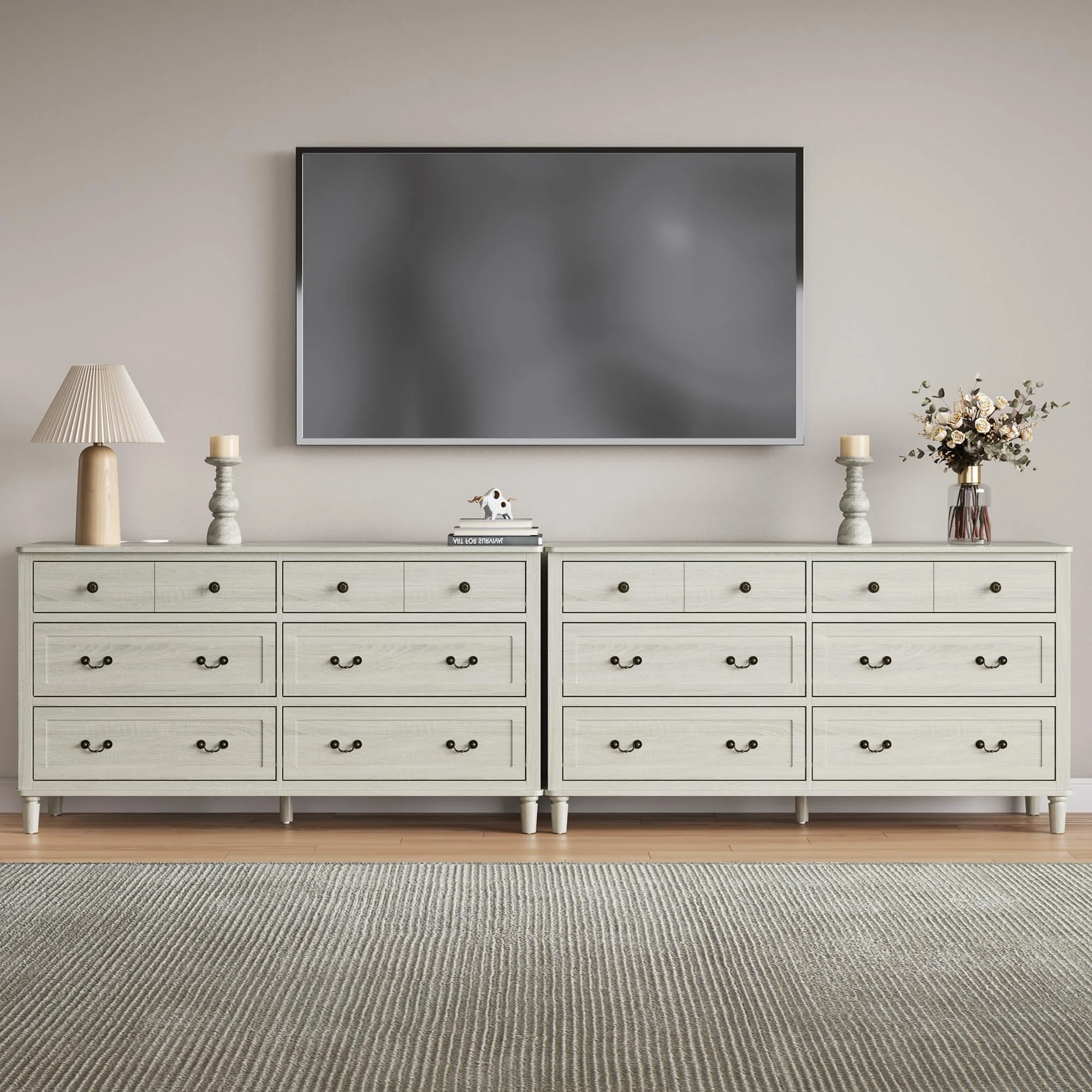 May Color Large White 3 Drawer Dresser Set of 2 with Fluted Panel, Modern Chest of Drawers with Silent Slide Drawers, Wood Accent Nightstand with Storage for Bedroom Living Room, Hallway