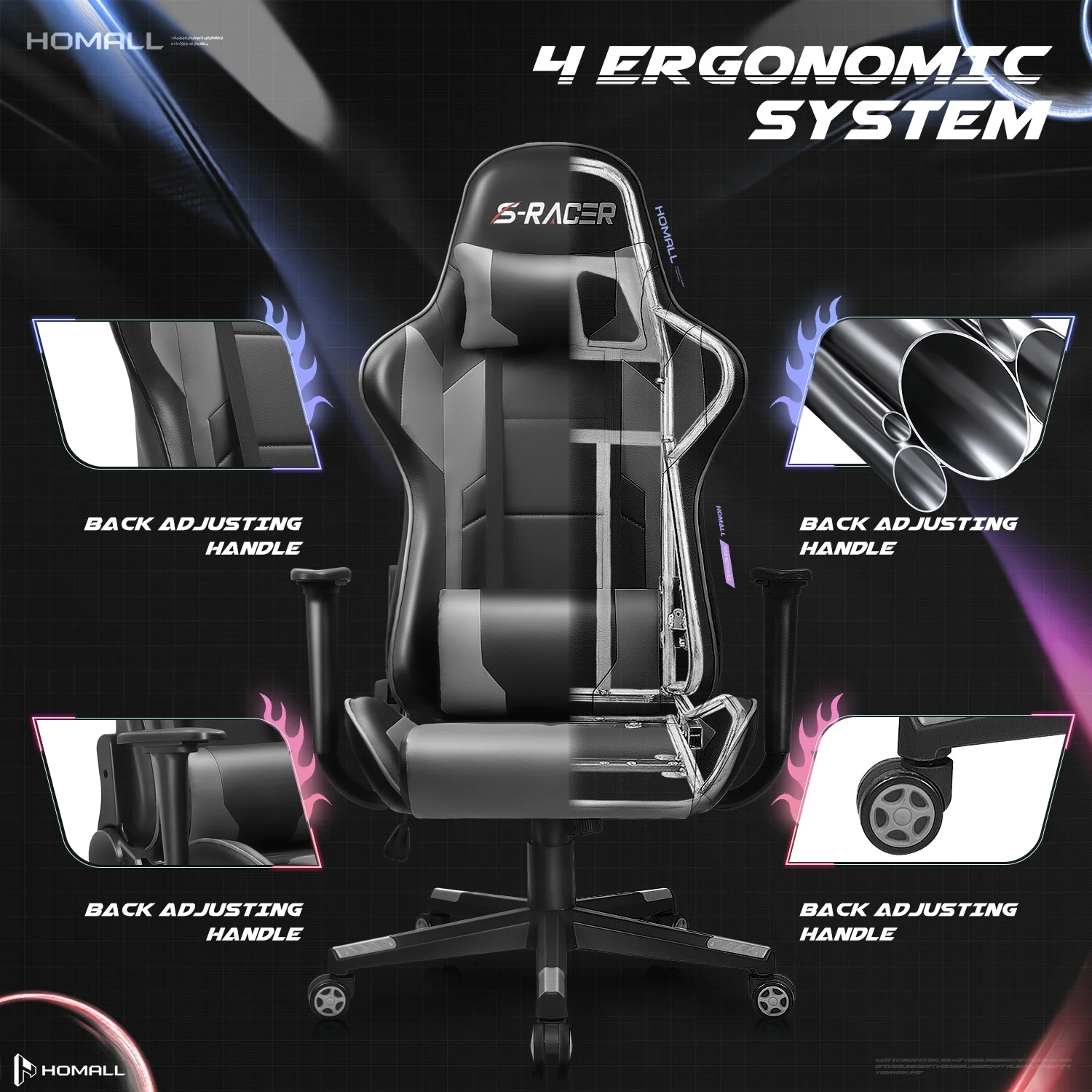 Homall Gaming Chair Office Chair High Back Computer Chair Leather Desk Chair Racing Executive Ergonomic Adjustable Swivel Task Chair with Headrest and Lumbar Support, Purple