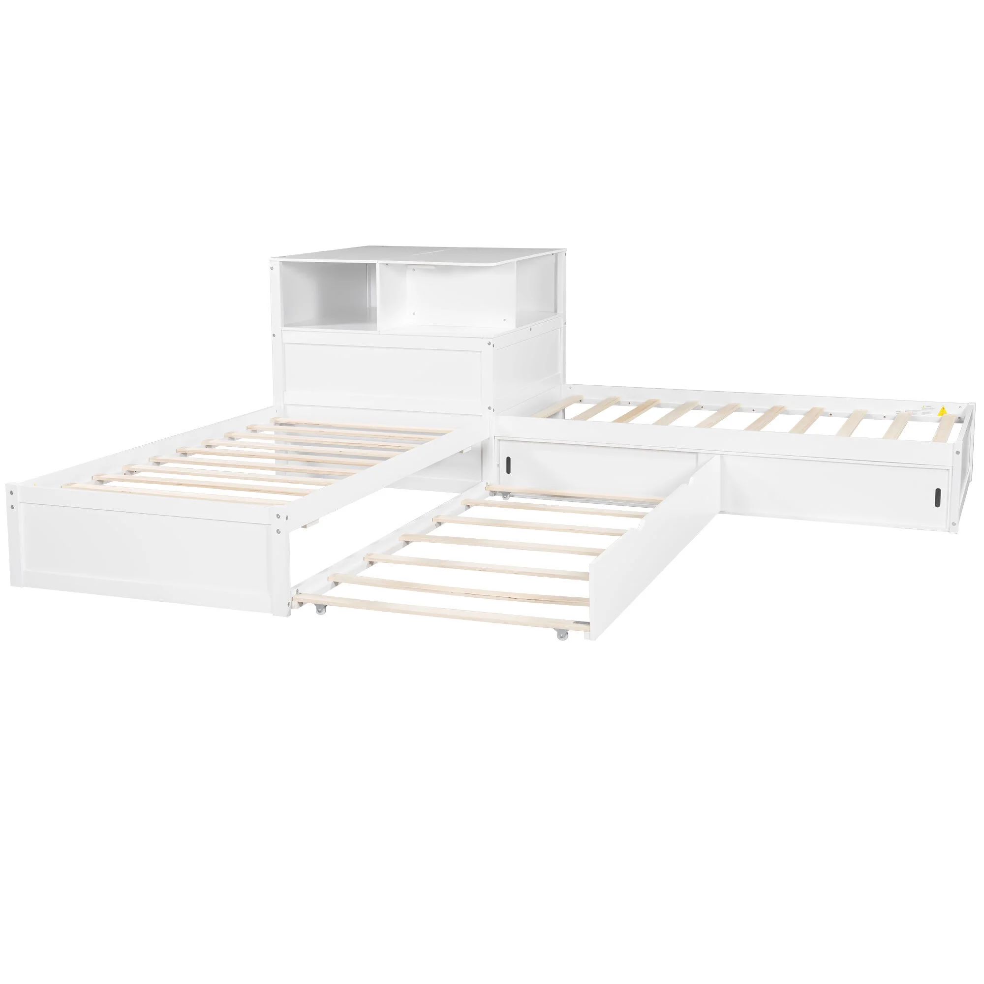 Euroco Pine Wood L-Shaped Twin Platform Bed with Storage Desk, Cabinets, Trundle and LED Light for Kids Teens, Gray