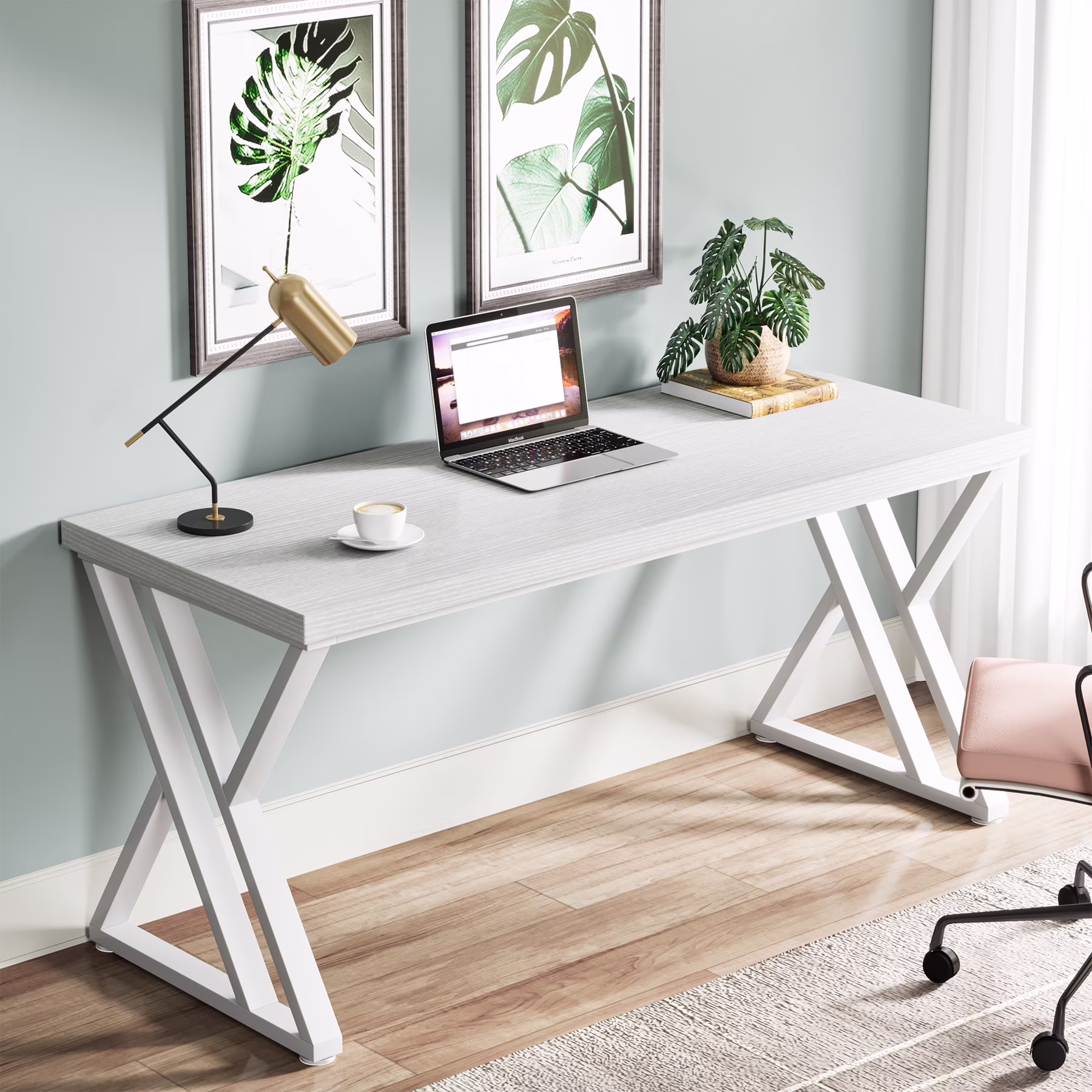 Heavy Duty Study Desk with Z-Shaped Metal Leg, Modern Simple Home Office Computer Desk, Rustic Brown
