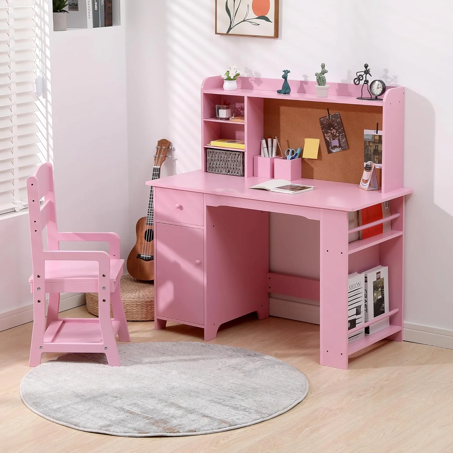 Kids Desk and Chair Set,  Study Table with Storage Shelf, Bulletin Board, Children School Learning Desk Set, Writing Table for Boys and Girls, Pink