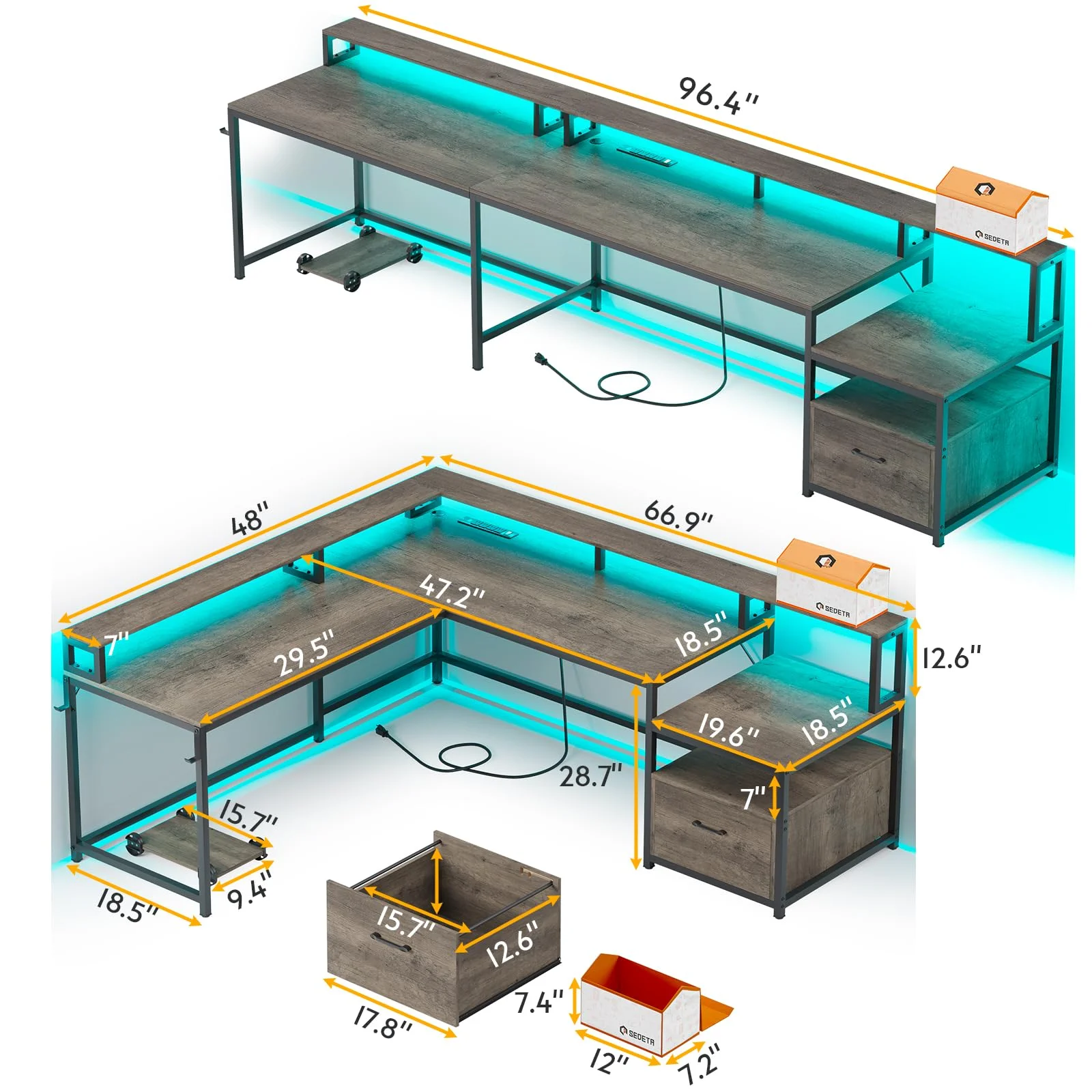 L Shaped Desk with Power Outlet and LED Lights, Corner Computer Desk with File Drawer for Home Office,  Gaming Desk,  Rustic Brown