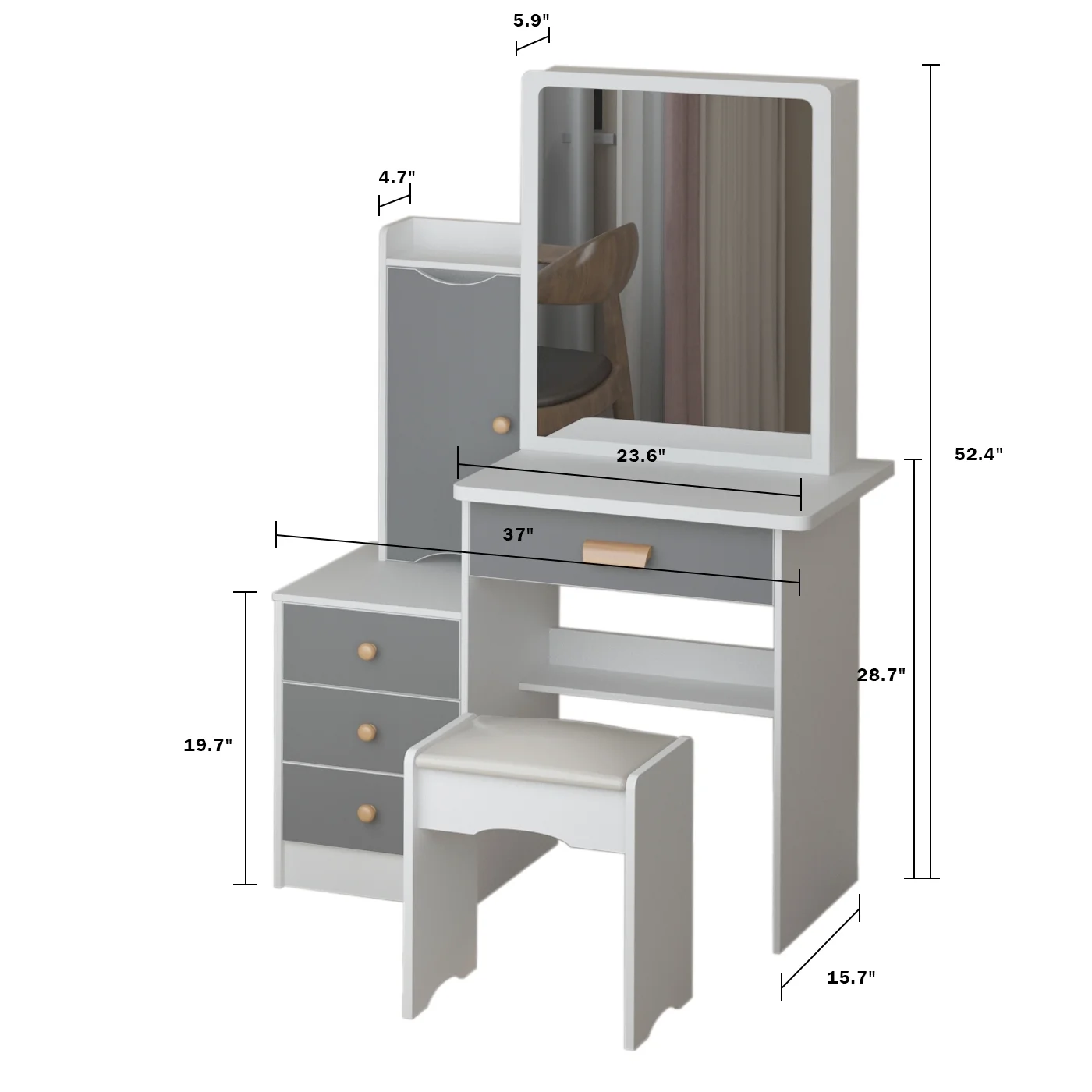 MONSLIPA Makeup Vanity Desk Set w/ Light, Sturdy Dressing Vanity Table with Bench, Shelves & Drawers