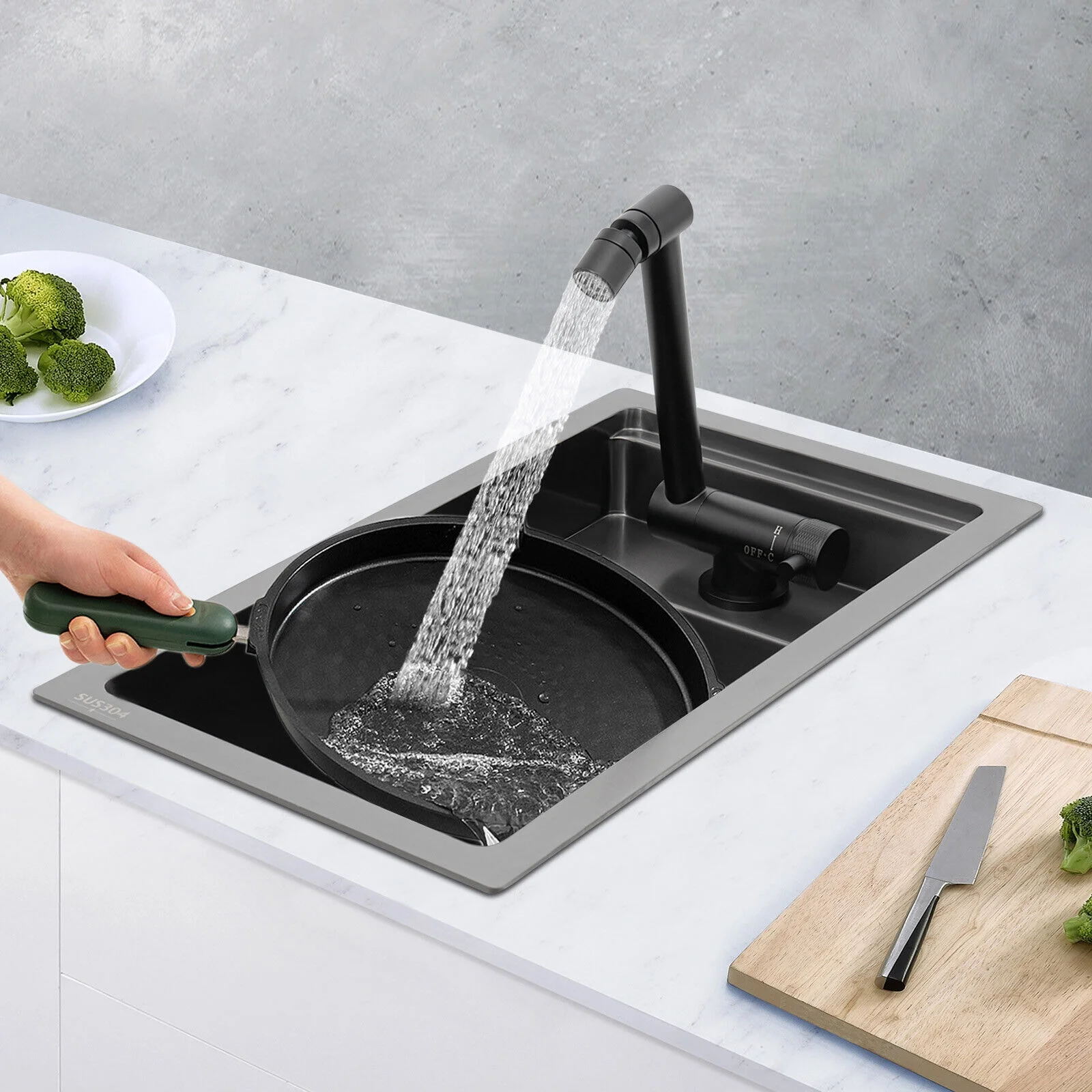 Modern Drop in Bar Sink, Single Bowl Kitchen Sink with Foldable Faucet, Black Nano 304 Stainless Steel Utility Sink for Compact Kitchen Commercial Hotel RV Laundry