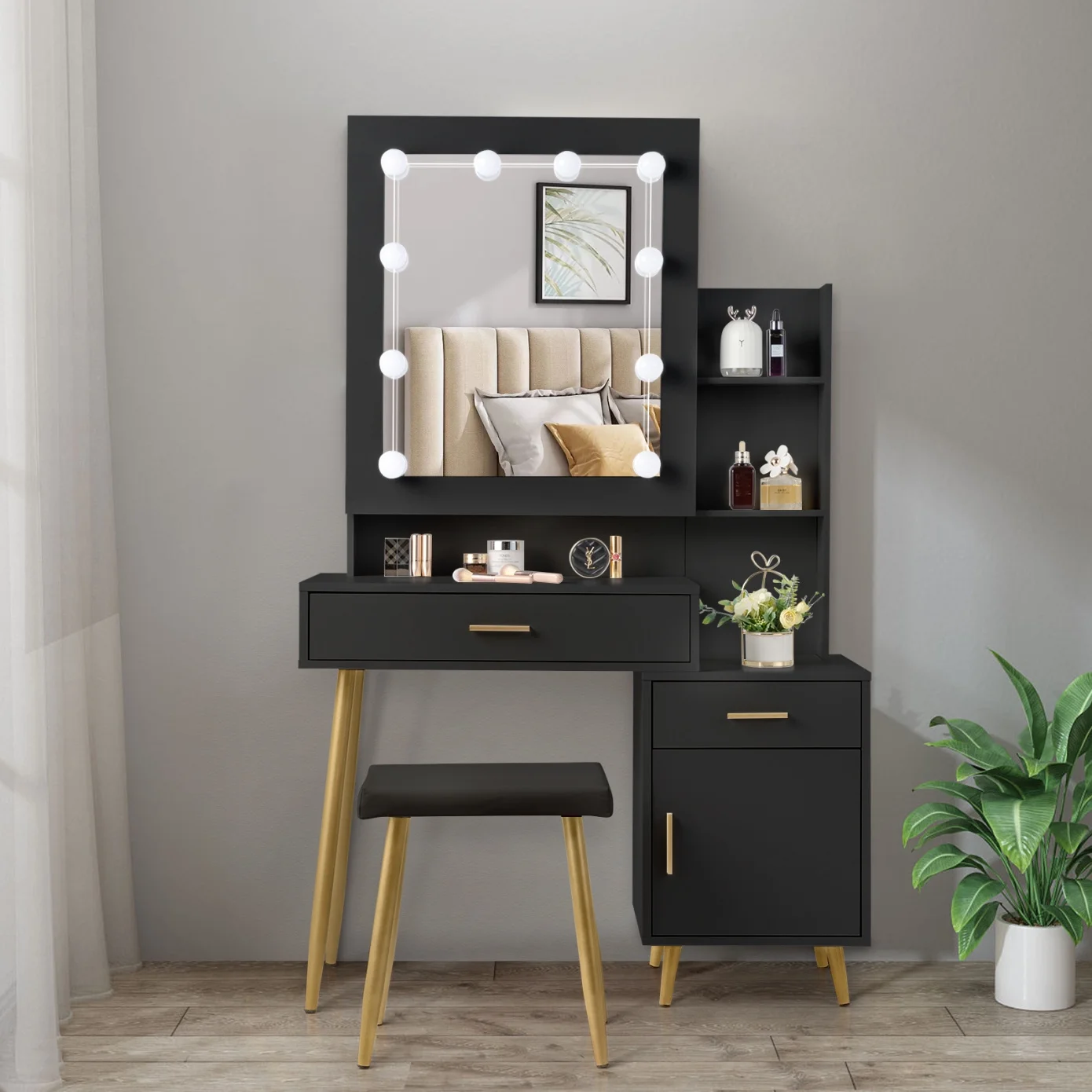 Black Bedroom Makeup Vanity Set, Vanity Desk with Light, Mirror and Cushioned Stool, Modern Makeup Dressing Table for Girls, Wife, Daughter, Mother, Adjustable Light Brightness