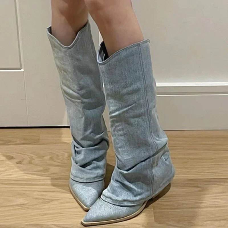 Denim knee boots
