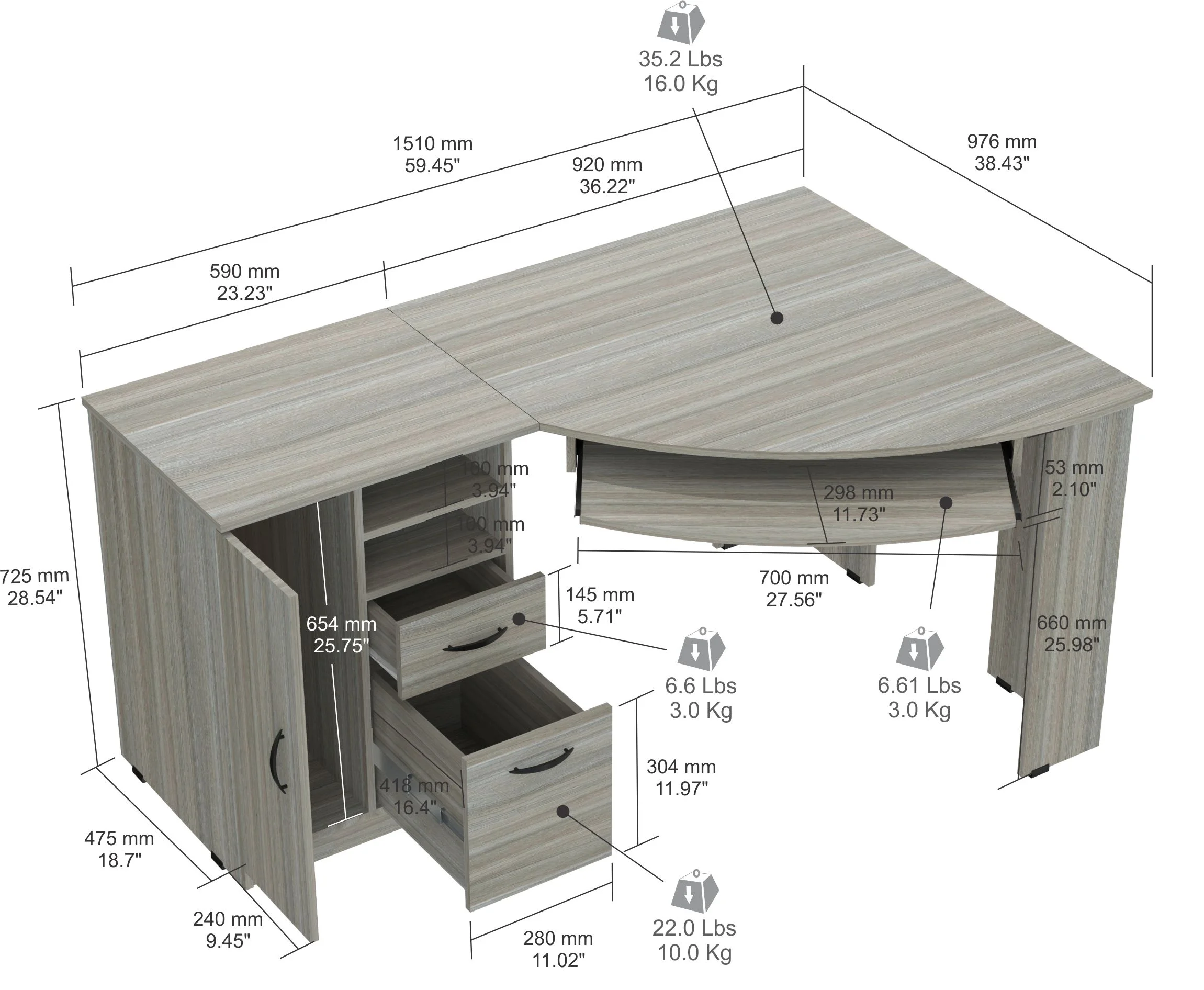 Inval Modern Corner Desk with 2 Drawers and Cabinet, Washed Oak
