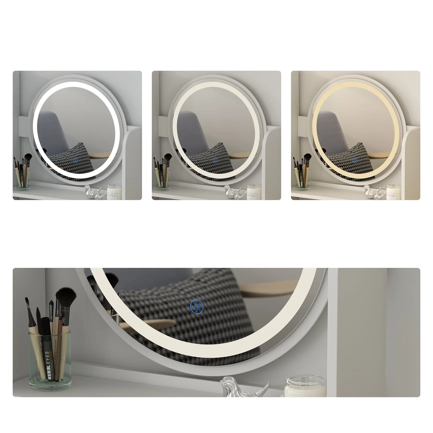 Makeup Vanity Dressing Table with 5 Drawers and Shelves, Vanity Set with Lighted Round Mirror, White Dresser Desk and Cushioned Stool Set