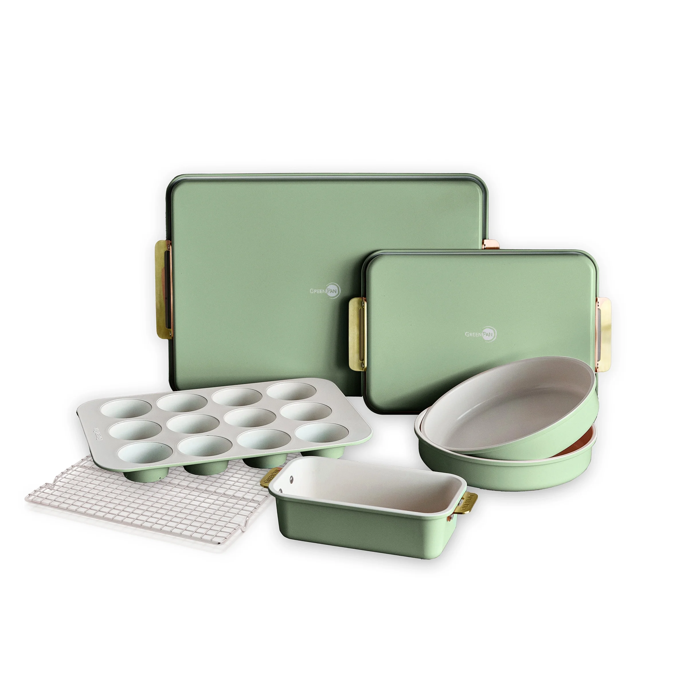 GreenPan Bakeware Set, 7 Piece Nonstick Ceramic Baking Sheets, Cake Pans, Loaf Pan, Muffin Tin, Cooling Rack, Green