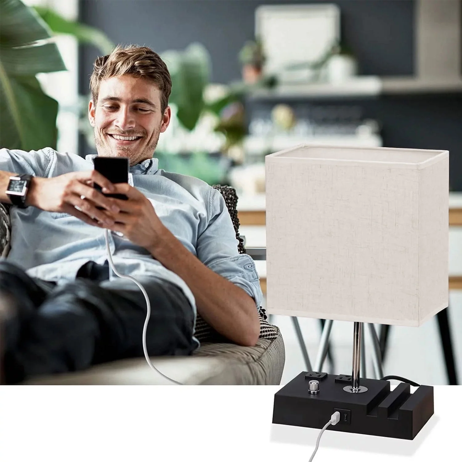 Fully Dimmable Table Lamp for Bedroom Living Room Dual USB Port, Nightstand Desk Lamps with Charging Station 2 Power Outlets, Fabric Lampshade LED Bulb Included