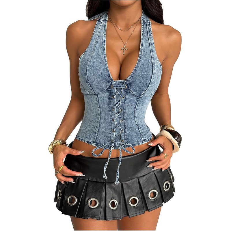 Women's Denim Corset Halter Backless Tops