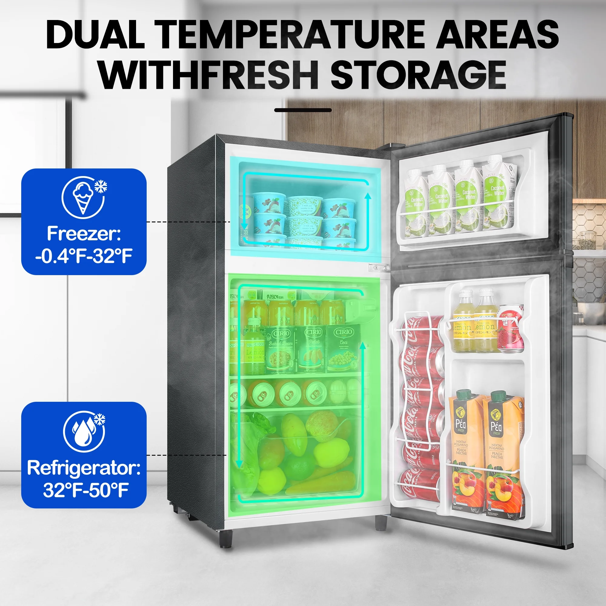 2 Door Mini Fridge with Freezer,3.5Cu.ft Small Freezer,7 Adjustable Thermostat,Blue,New