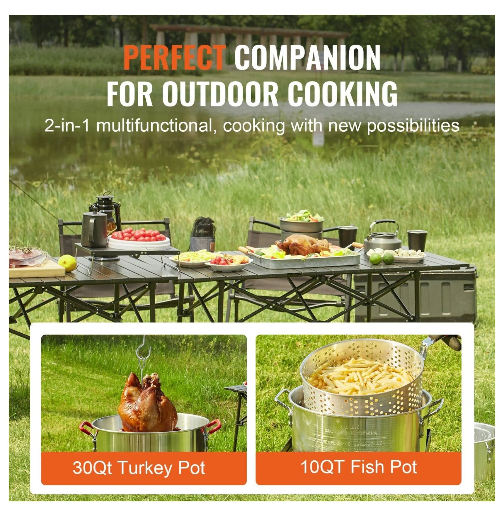 Turkey Deep Fryer, 30-qt Turkey & 10-qt Fish Steamer Cooker Set, Outdoor Aluminum Seafood Frying Pot, 54,000 BTU Burner Propane Gas Boiler, Includes Baskets, Perforated Poultry Rack, Temperature Gauge 10 Qt