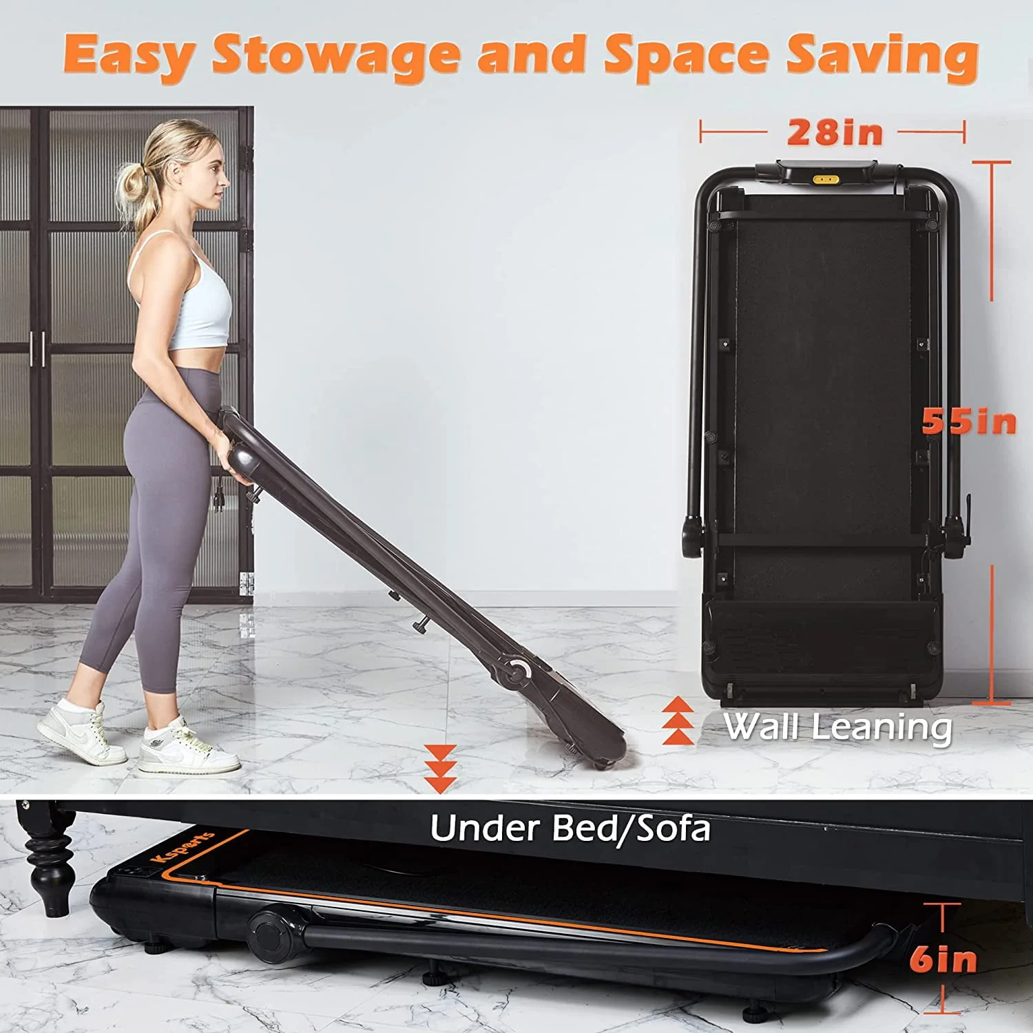 Ksports 3 in 1 Folding Treadmill, 2.25hp Under Desk Treadmill, Walking Pad, Installation & Lubricant-Free, Bluetooth Speaker, Fitshow App, 2 LED Display, Walking, Running & Sit Ups for Home Office Gym