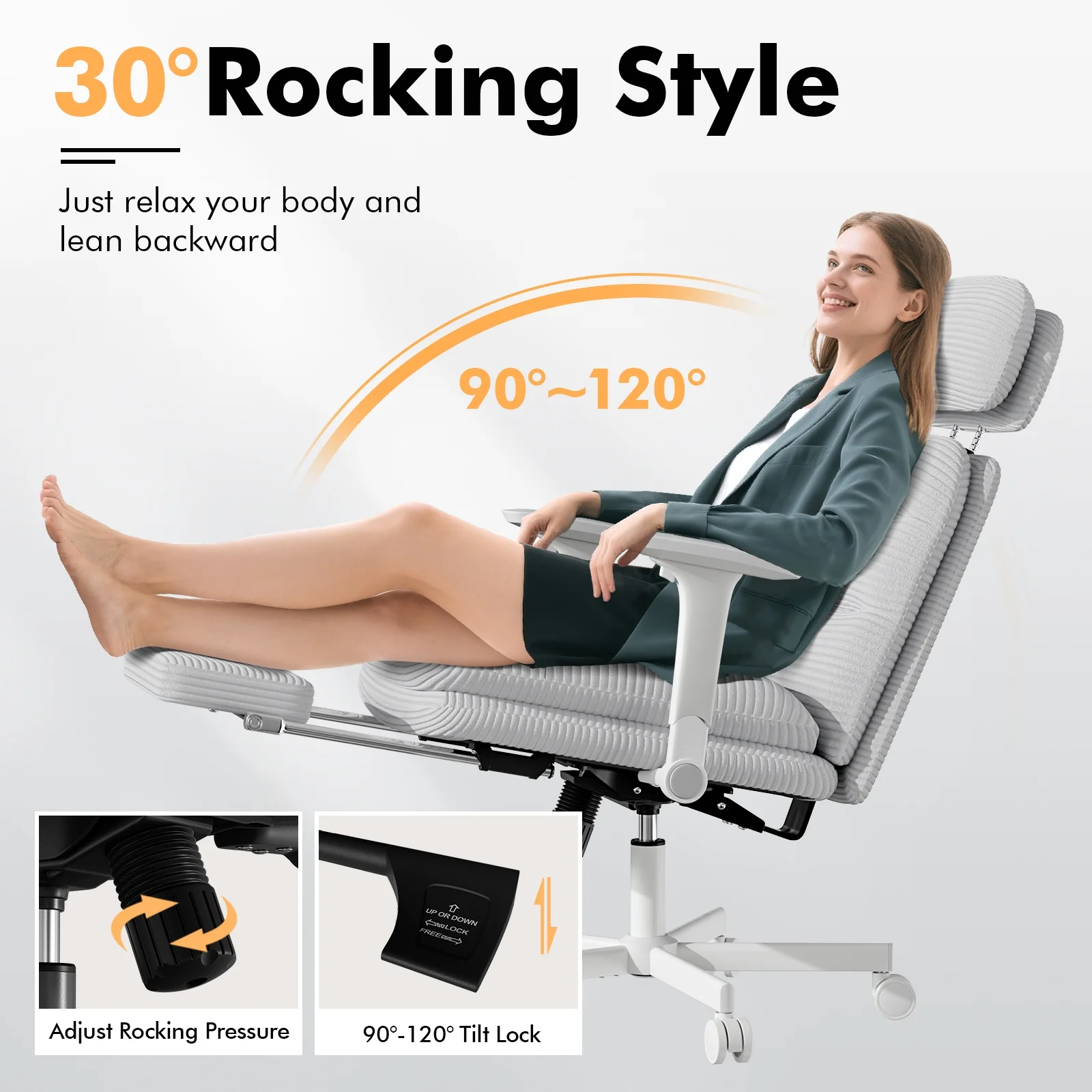 Solfway Criss Cross Chair with Wheels & Flip-up Arms, Executive Office Chair with Foot Rest, Swivel Cross Legged Office Chair, White Corduroy Fabric Comfy Computer Desk Chair, Vanity Chair for Home