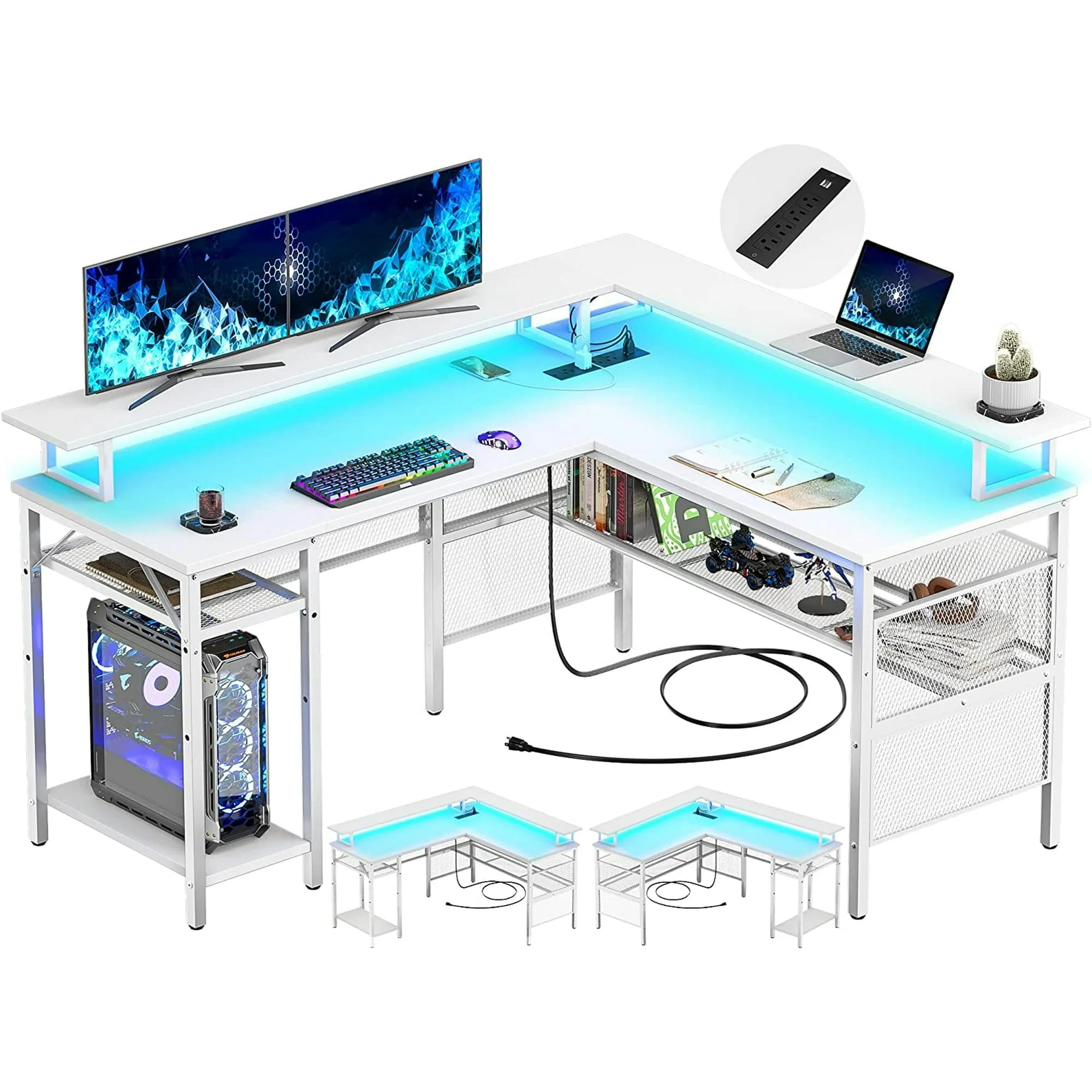 Homieasy L Shaped Desk with Power Outlets and LED Light, 55 inch Reversible L-Shaped Gaming Desk with Monitor Stand, Ergonomic Corner Computer Desk with Storage Shelf for Home Office, Rustic Brown