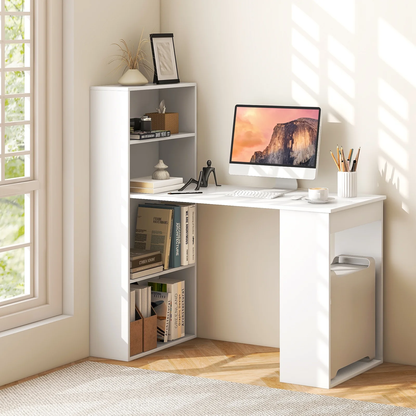 Costway Computer Desk Writing  Workstation Office 6-Tier Storage Shelves Natural