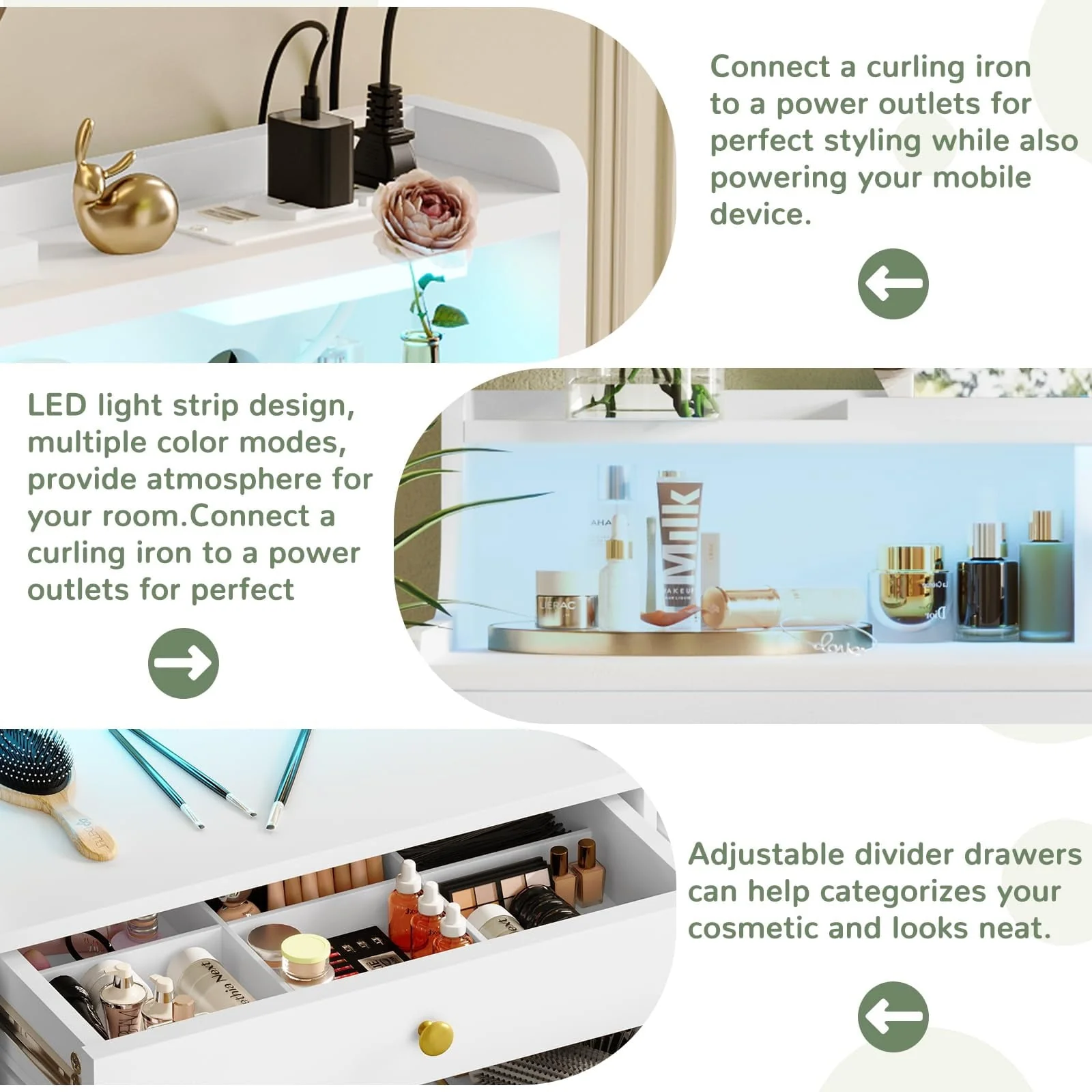Tiptiper Makeup Vanity with Lights and Charging Station, Vanity Desk with 3-Color Touch Screen Lighted Mirror, White