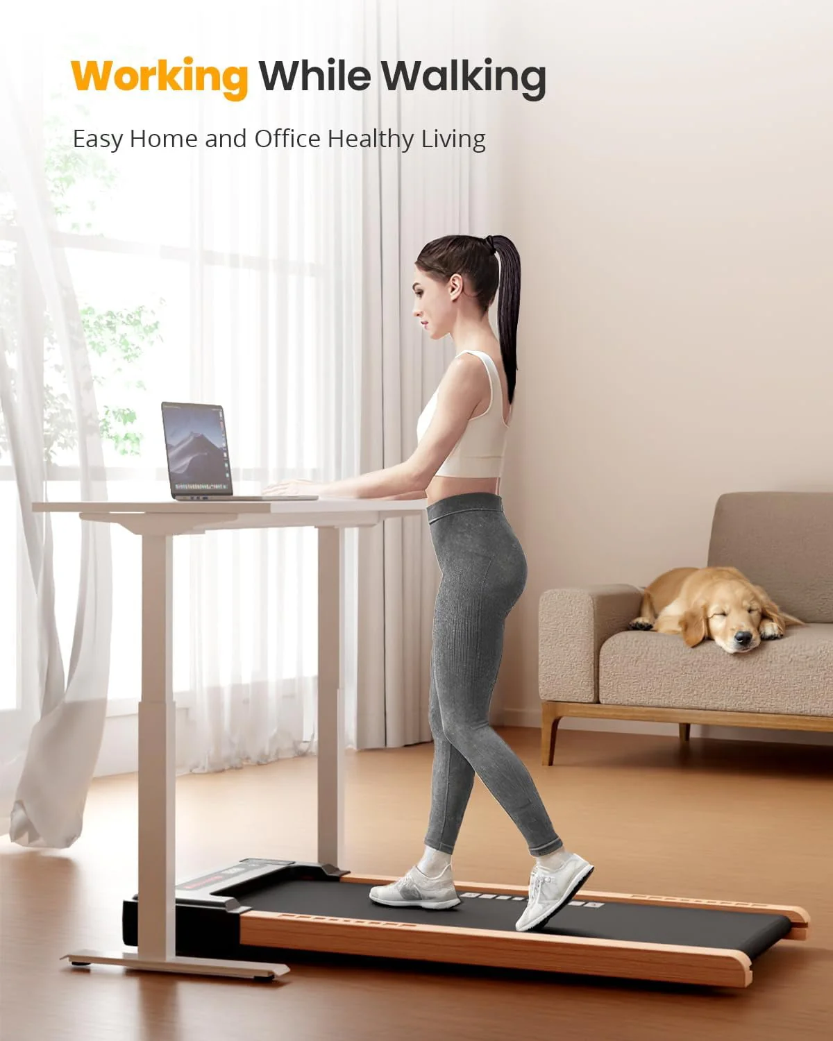 Sunnyroad 2.5HP Walking Pad Wood Under Desk Treadmill , Portable Mini Treadmill with Remote Control, Bluetooth, 265lbs Capacity, Installation-Free Jogging Machine for Home/Office