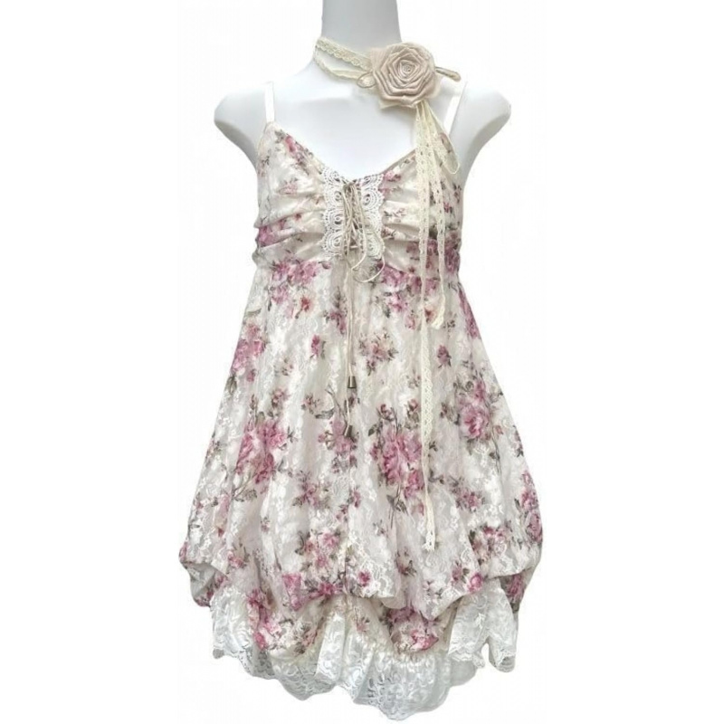 Spaghetti Strap Lace Mini Dress 2000s Women Cute Summer