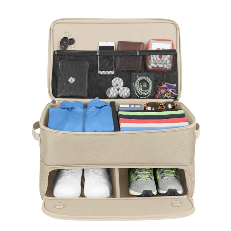 2-Tier Vehicle Storage Organizer with Dedicated Shoe Compartment for Trunk
