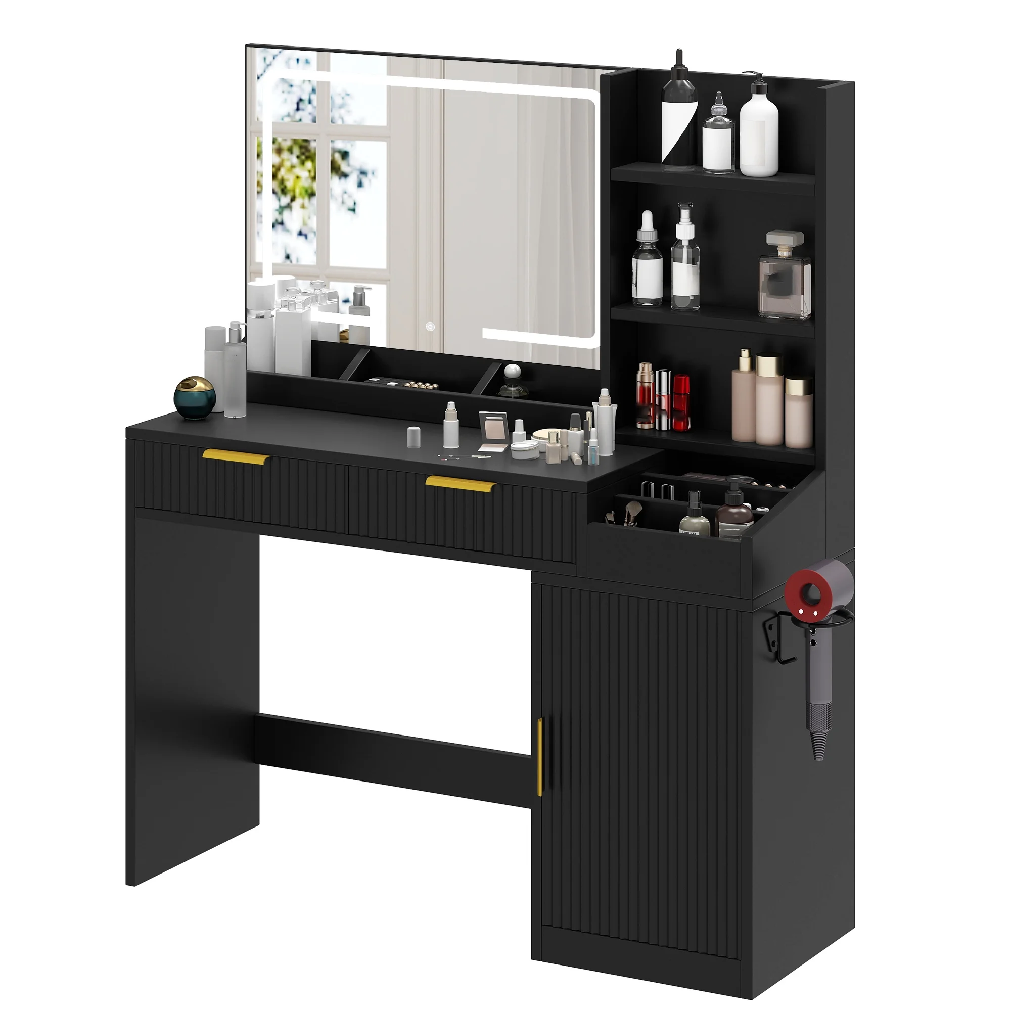 Uforic Vanity Desk with Mirror and LED Lights, Makeup Vanity Table with 2 Drawers & 11 Shelves, Makeup Table with Power Outlet for Bedroom Dressing Room,Oak