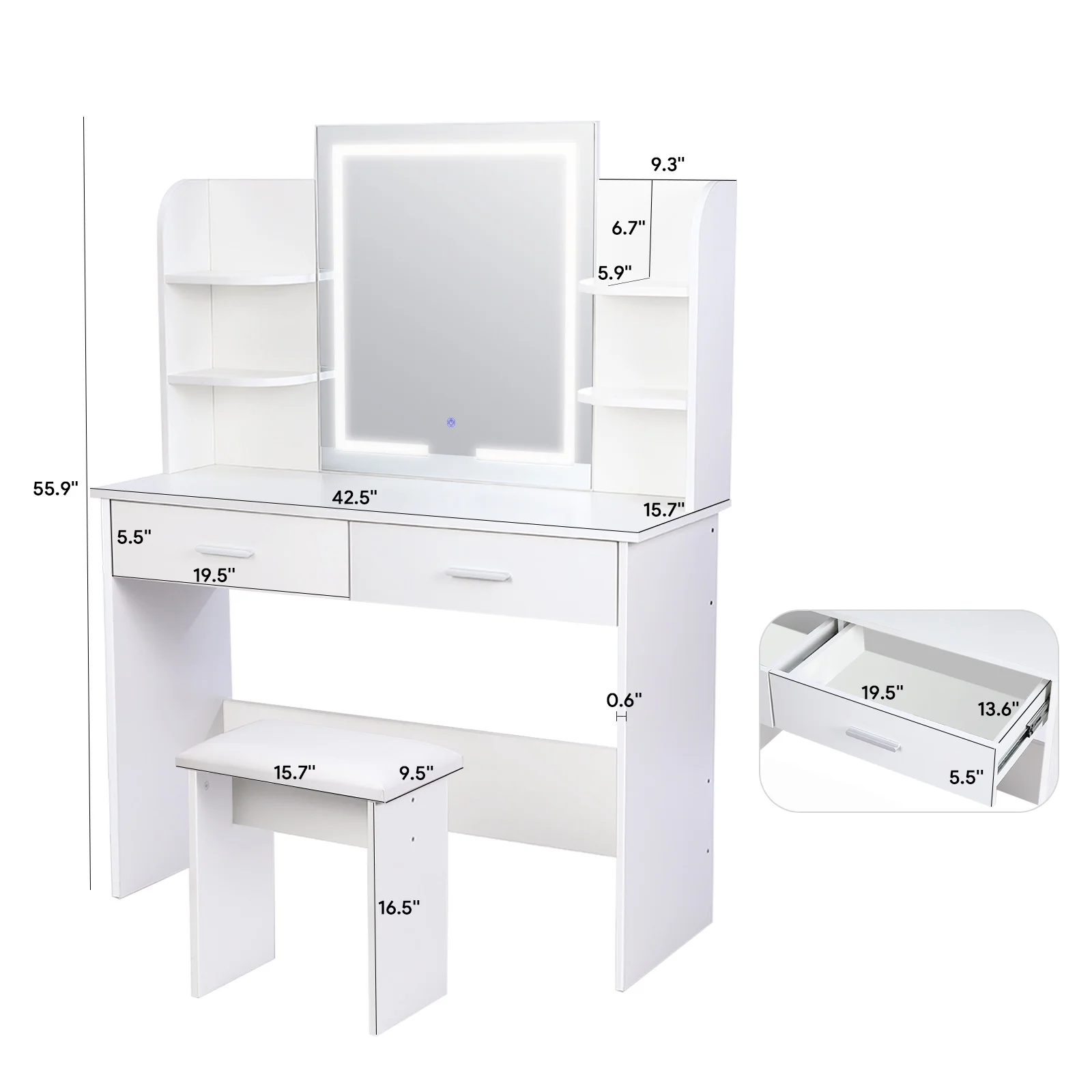 RichYa Modern Makeup Vanity Set with Lights Mirror and Drawers,White Makeup Desk,Dressing Table