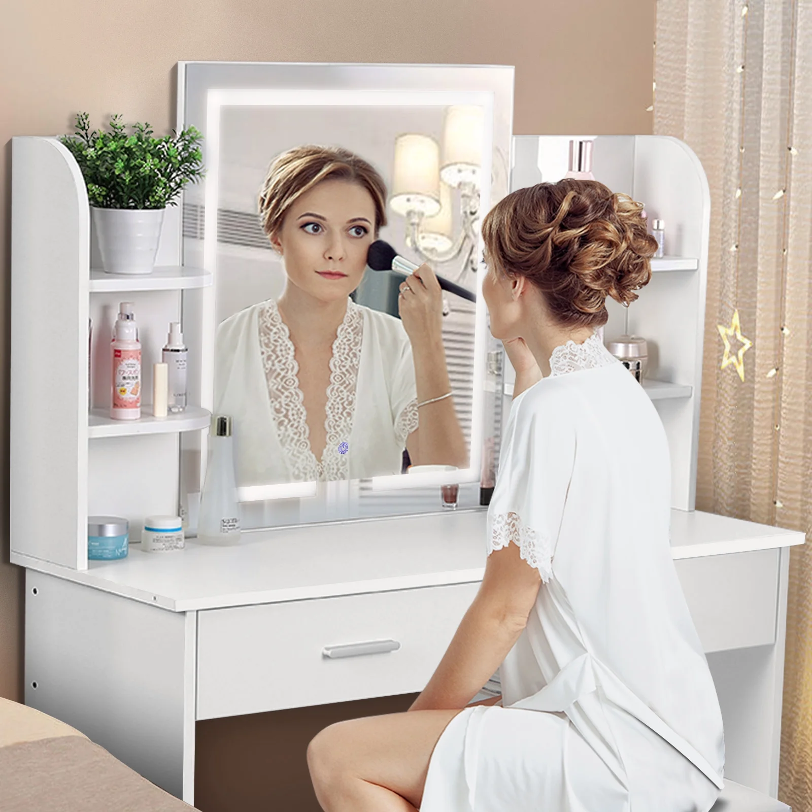 RichYa Modern Makeup Vanity Set with Lights Mirror and Drawers,White Makeup Desk,Dressing Table