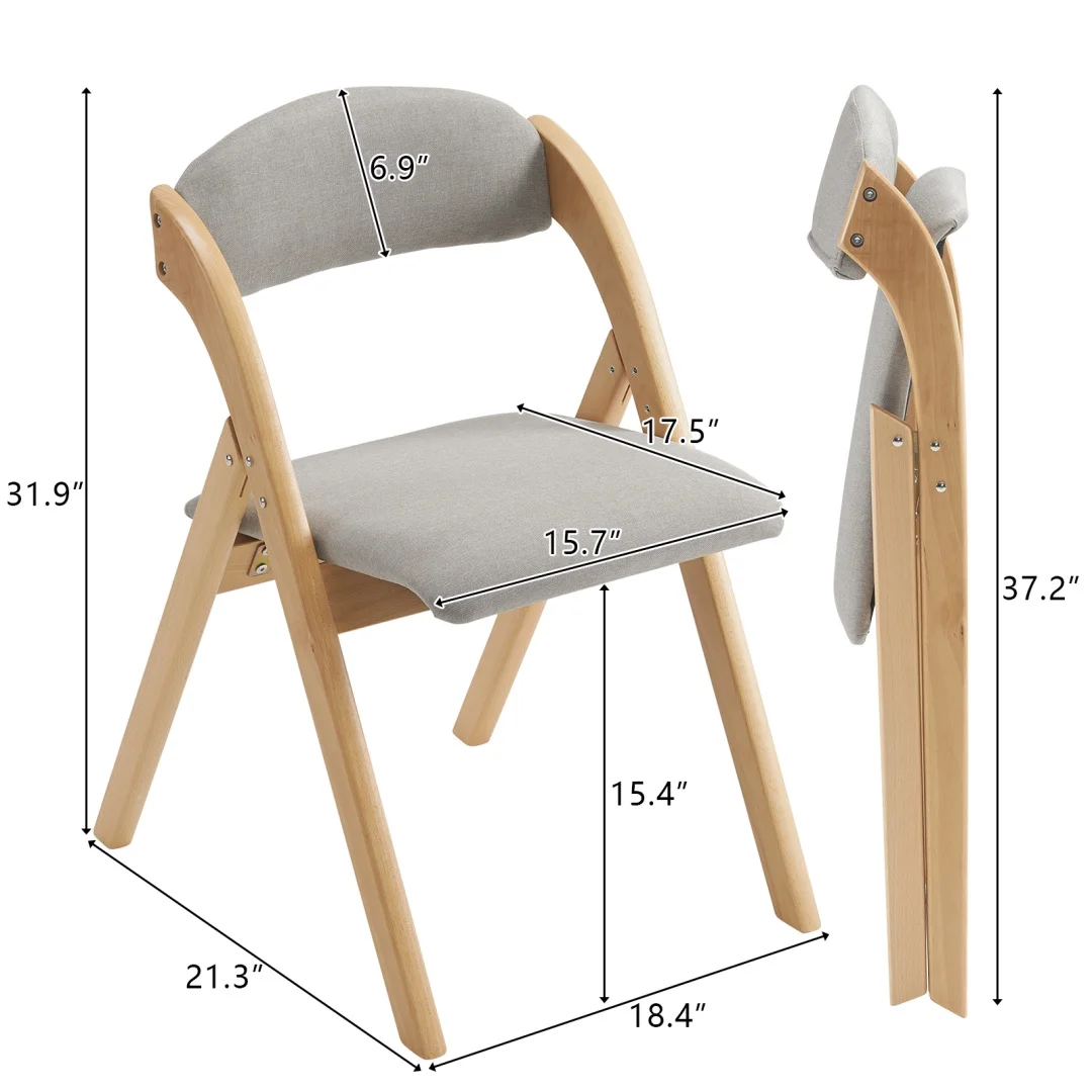 Folding Chairs 2 Pack Wooden Folding Chairs with Padded Seats and Back, Portable Stackable Dining Chairs Set of 2 Folding Chairs Ideal for Kitchen Office Wedding Party Picnic, Khaki
