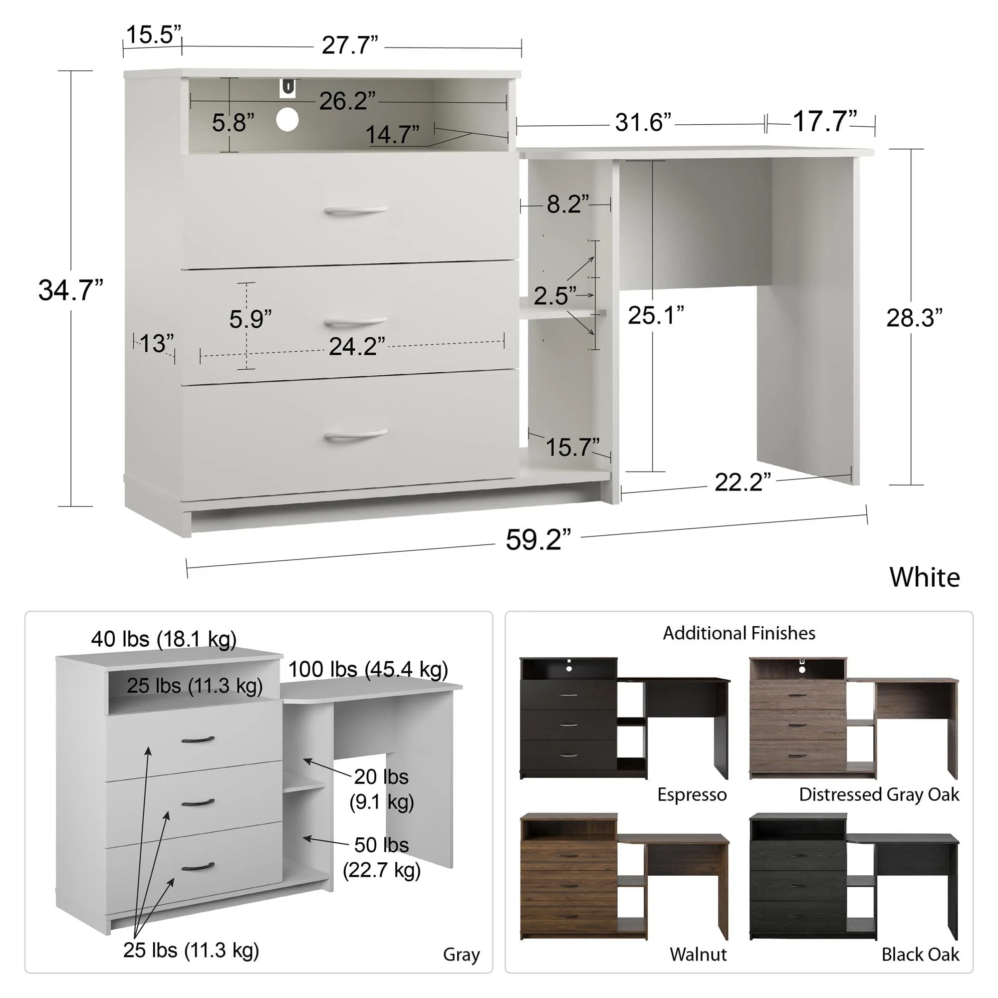 Elm & Oak Somerset 3 in 1 Media Dresser and Desk Combo, Espresso