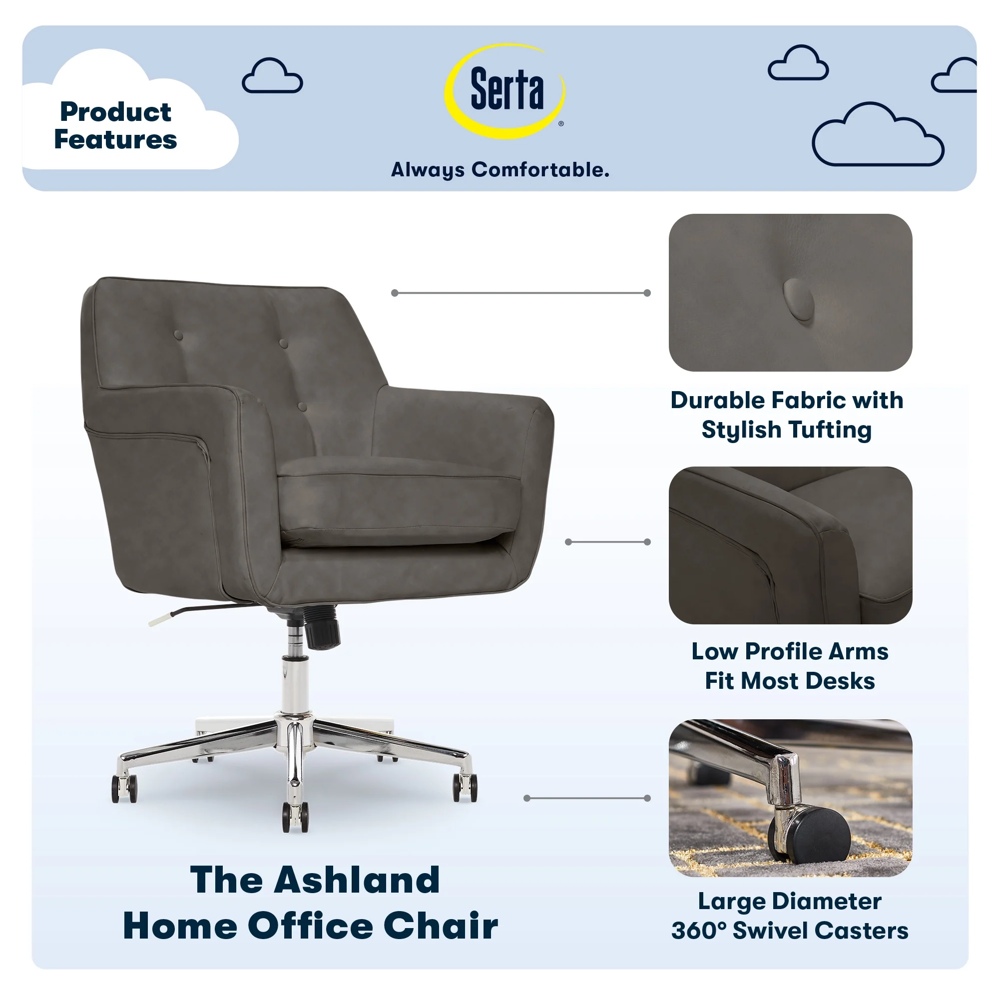 Serta Ashland Office Desk Chair, Button Tufted Mid-Back, Memory Foam Cushion, Chrome Swivel Base, Charcoal