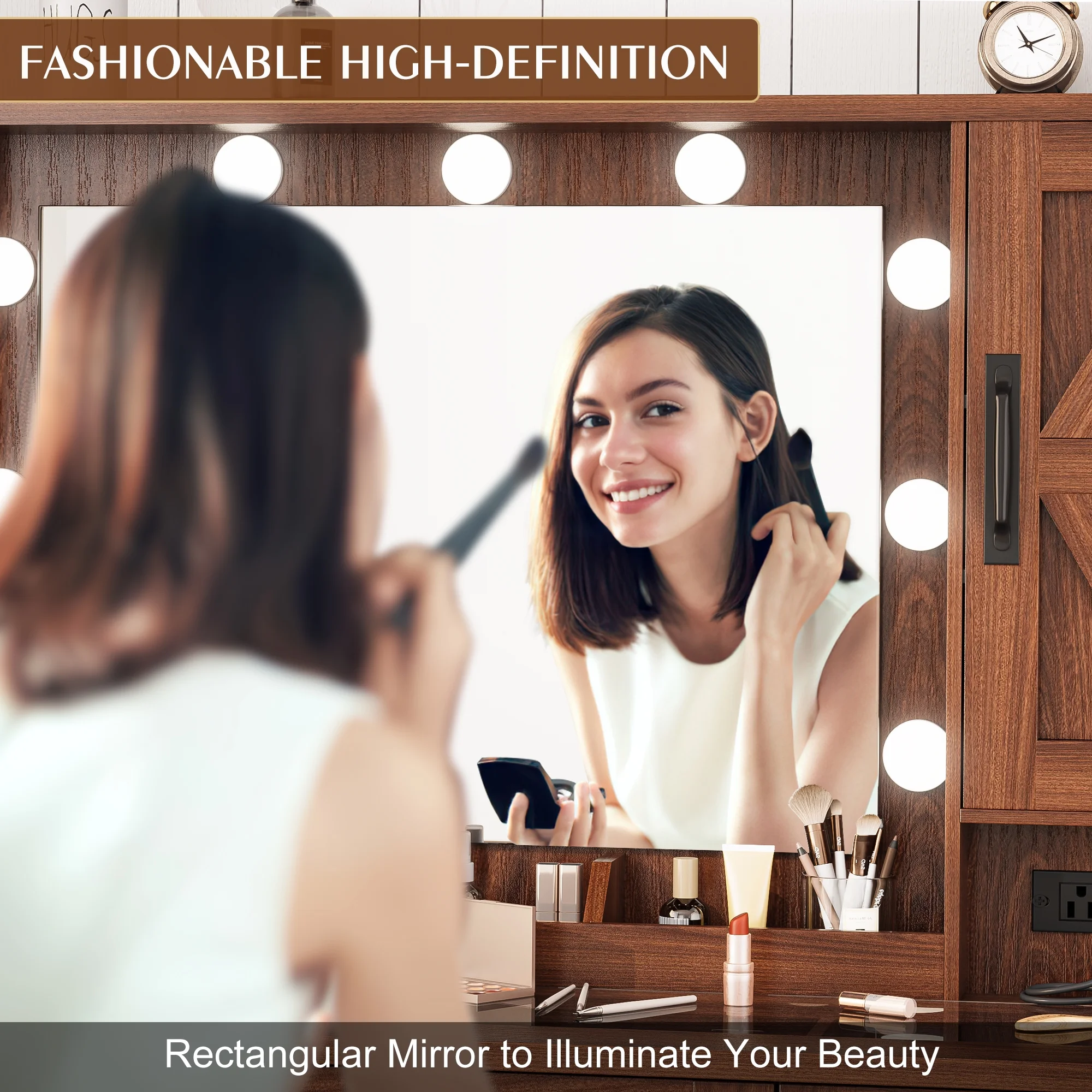 GIKPAL Makeup Vanity, Vanity Desk with Mirror & Glass Top, Farmhouse Vanity with Lights, Charging Station and Drawers, Rustic White